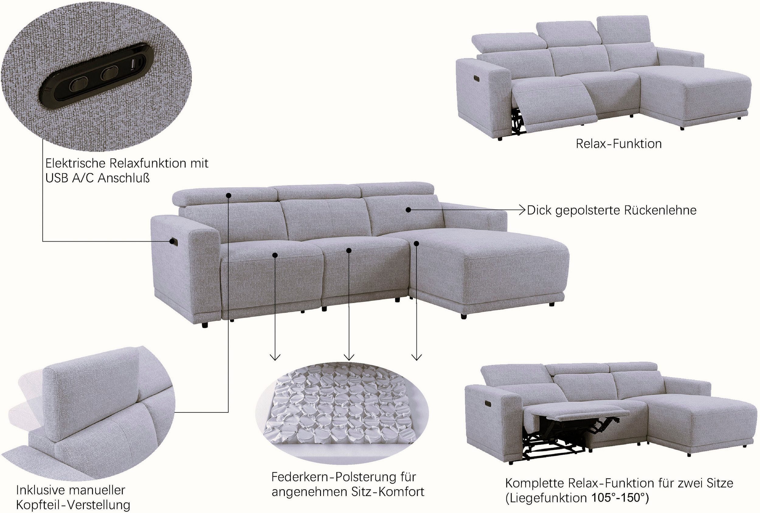 OTTO home Ecksofa LEOON L-Form, 255 cm - elektr. Relaxfunktion, mit USB A/C-Anschluss. Federkern, verstellbaren Kopfstützen, Webstoff