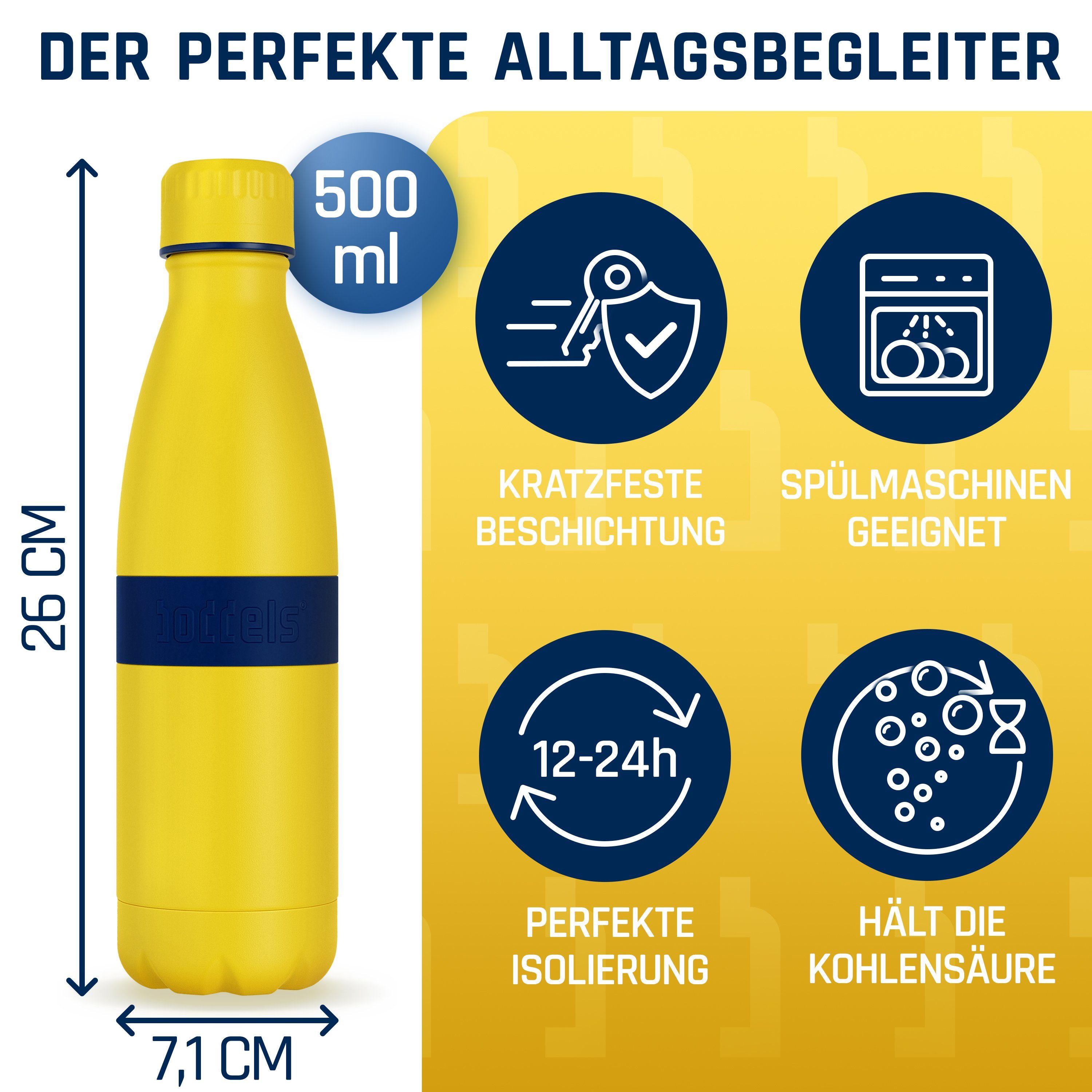 - / TWEE+ Trinkflasche Isolierflasche boddels Gelb auslaufsicher, doppelwandig, bruchfest aus Nachtblau 500ml Edelstahl,