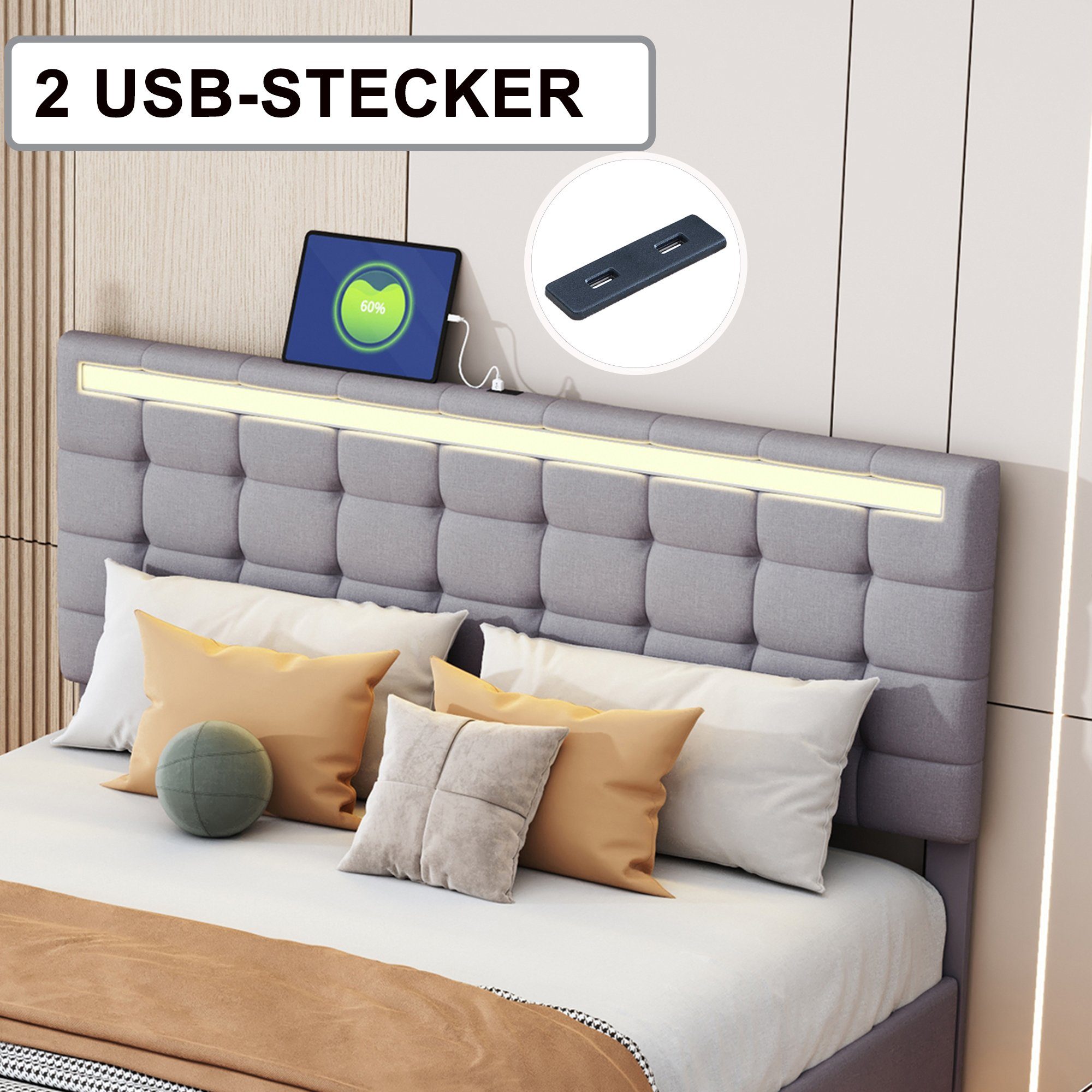 Polsterbett (LED Doppelbett), mit USB Ladefunktion und höhenverstellbarem Kopfteil 160x200cm, Leinen