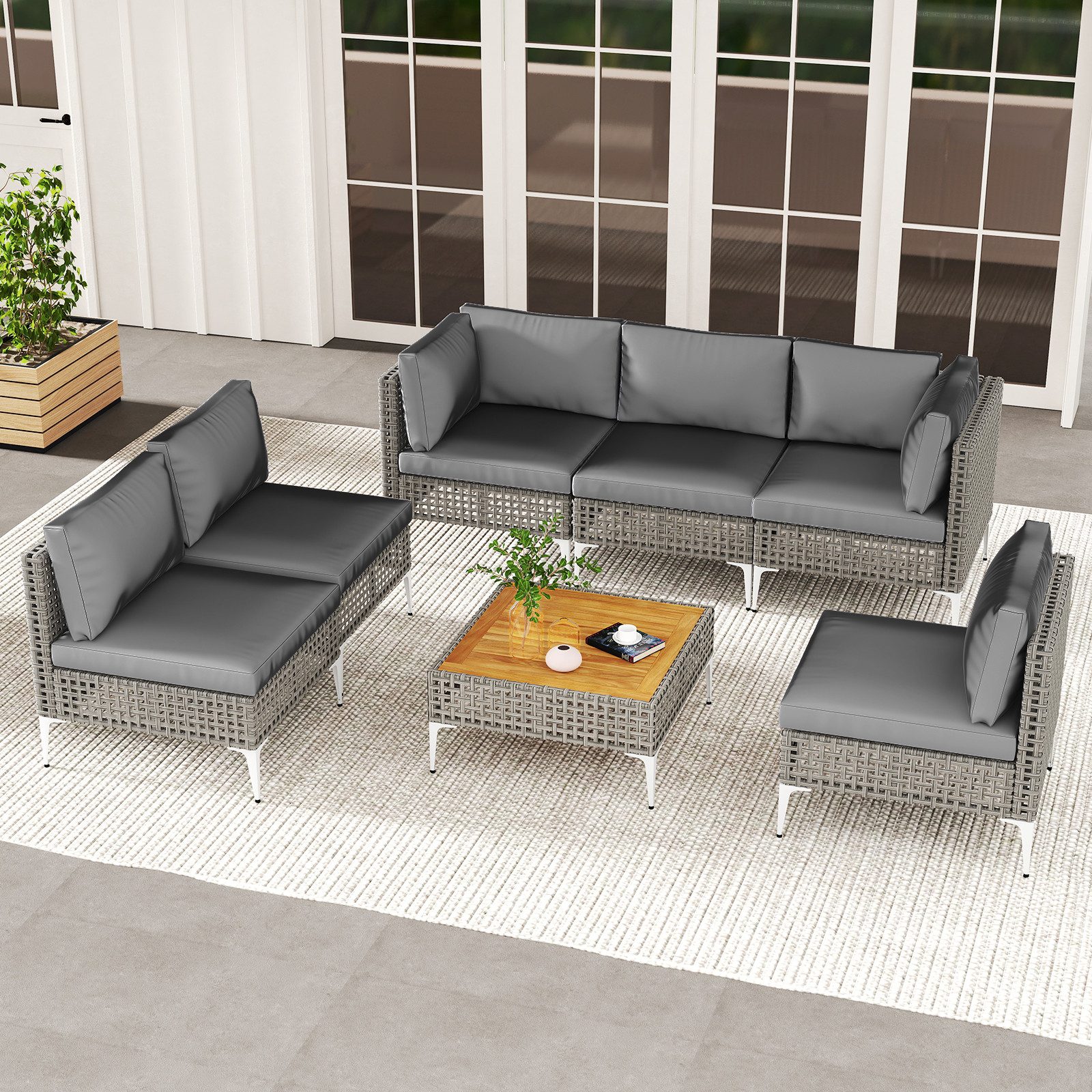 COSTWAY Gartenlounge-Set, (7-tlg), Gartenmöbel Set Rattan & Akazie, mit Kissen