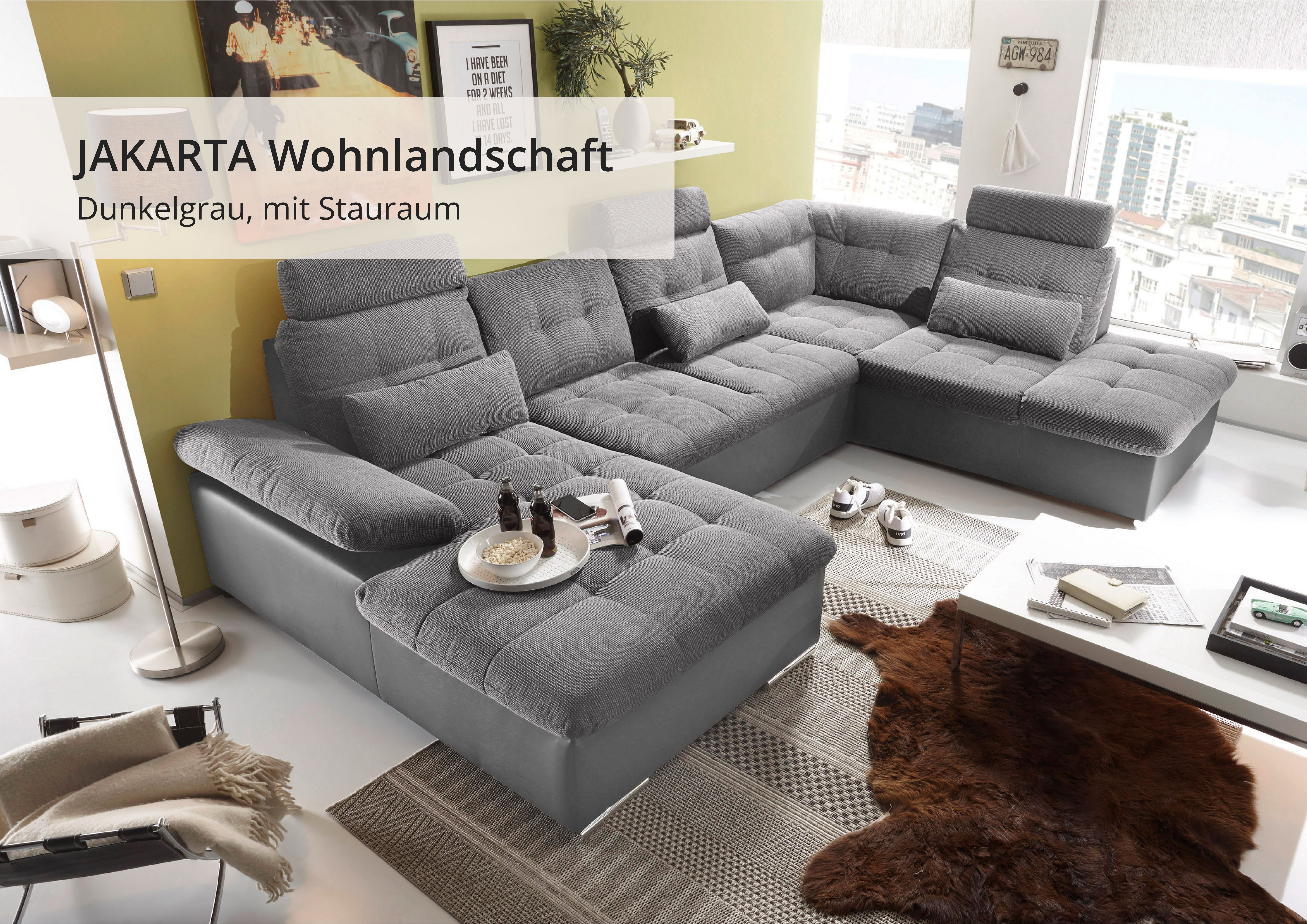 ED EXCITING DESIGN Wohnlandschaft Jakarta U-Form mit Bettfunktion, Bettkasten, Armteilverstellung, Kopfstützen & 3 Nierenkissen