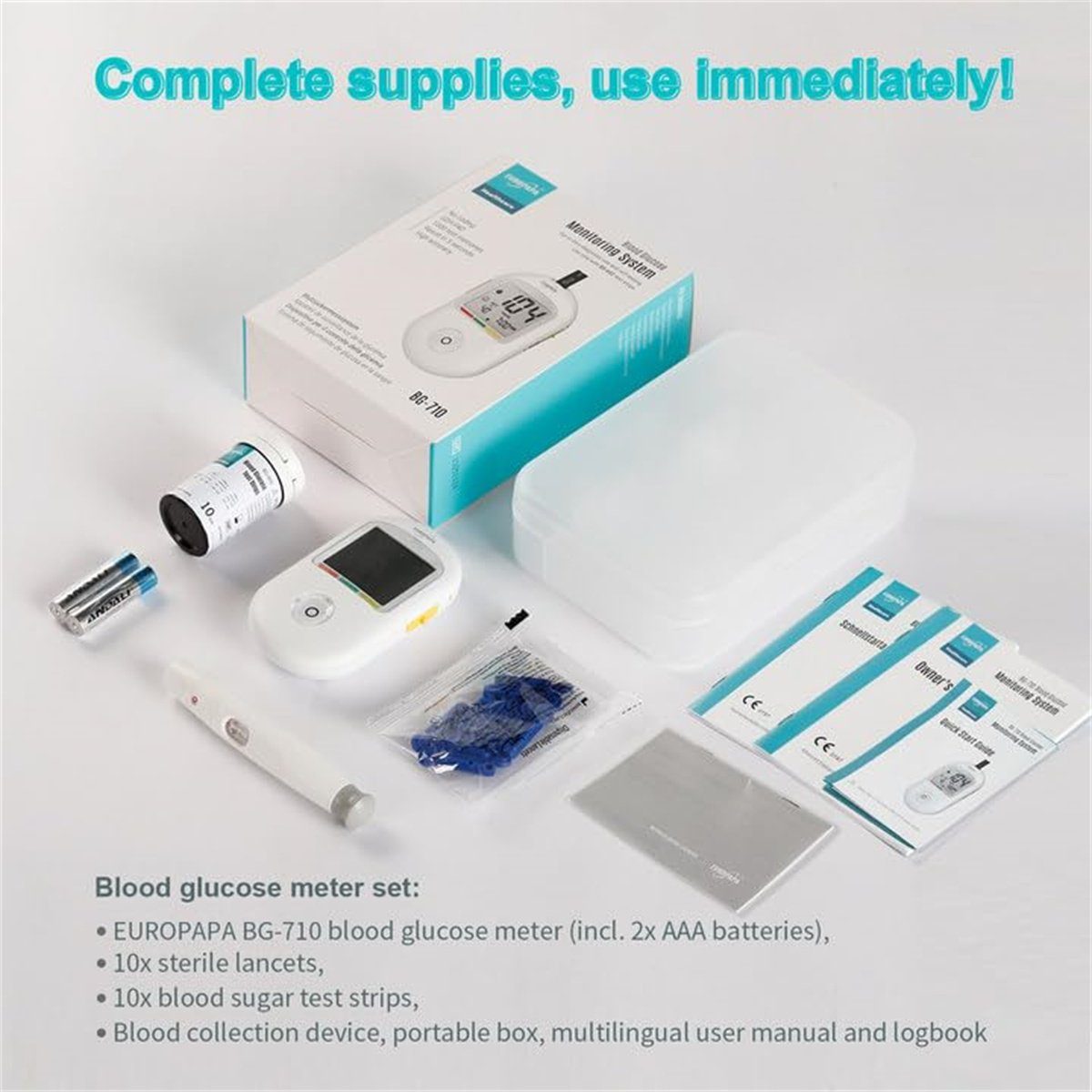 EUROPAPA Blutzuckermessgerät Blutzuckermessgerät für Blutzuckers Selbstkontrolle, 10 Stk Blutzuckerteststreifen und 10 Stk Blutlanzetten und Stechhilfe, Blutzuckermesssystem Diabetes-Set mg/dL