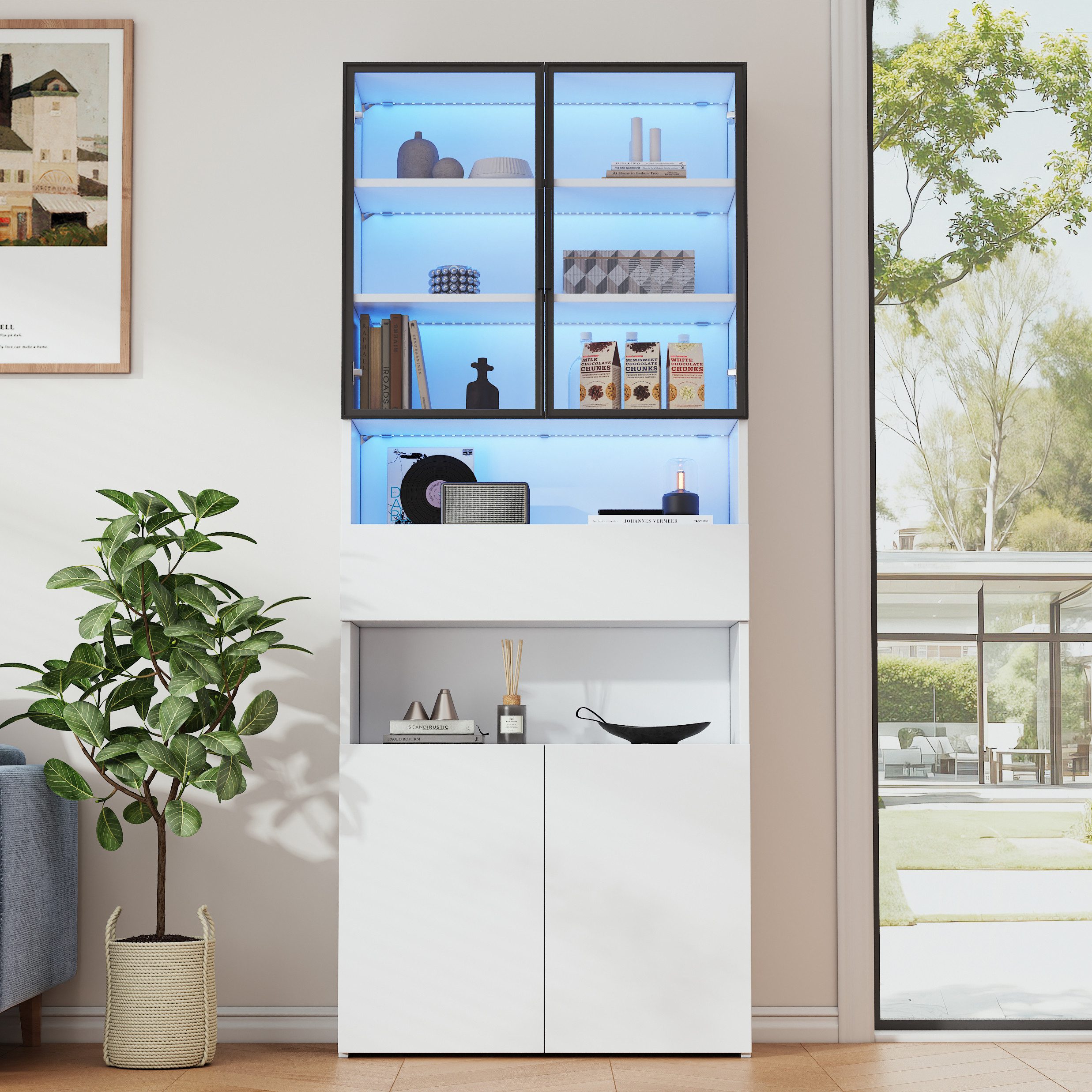 HAUSS SPOLE Vitrine mit Schubladen,Hochschrank Standvitrine mit LED-Beleuch günstig online kaufen