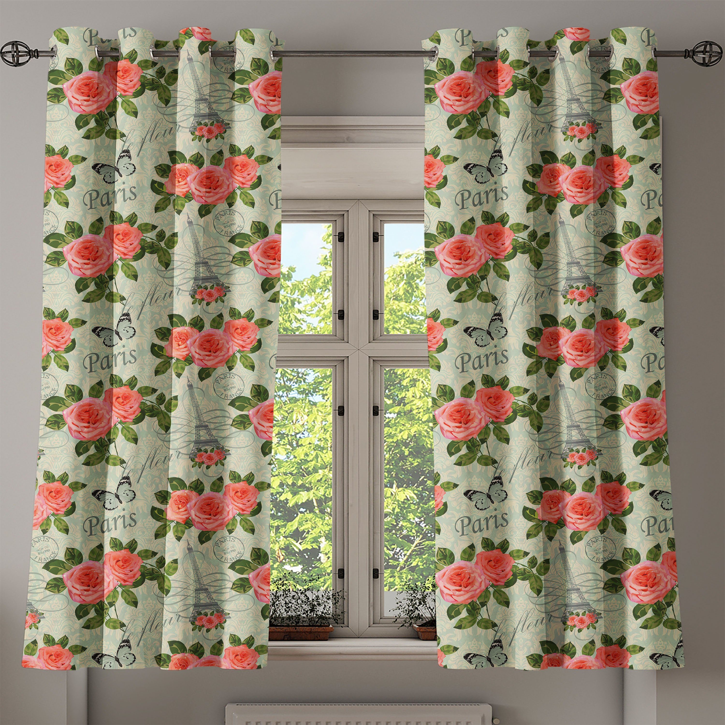 Gardine Dekorative 2-Panel-Fenstervorhänge Wohnzimmer, Romantisch Blumen für Paris Themed Abakuhaus, Schlafzimmer