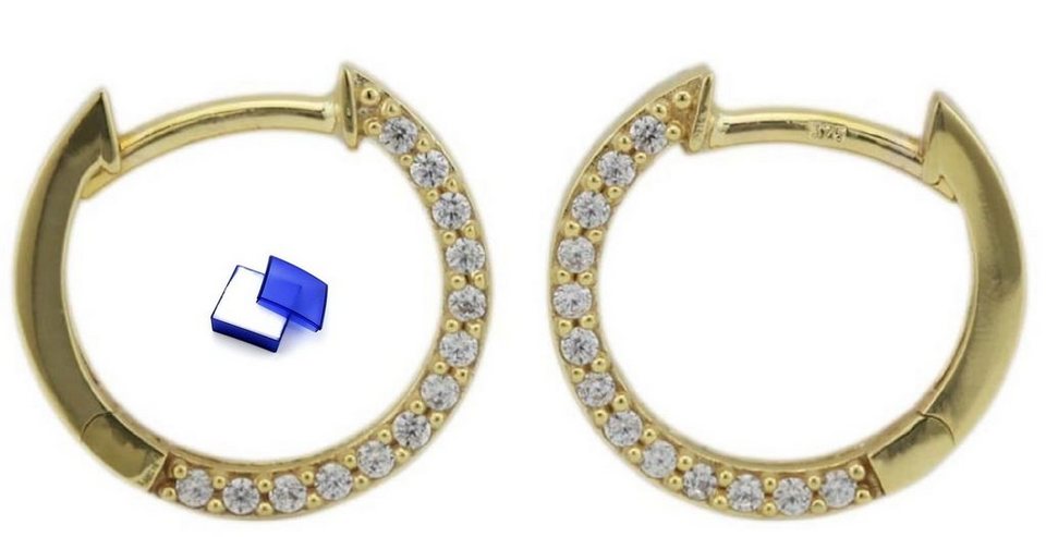 unbespielt Paar Creolen Ohrringe mit weißen Zirkonias 375 Gold 13 x 2 mm  inklusive Schmuckbox, Goldschmuck für Damen