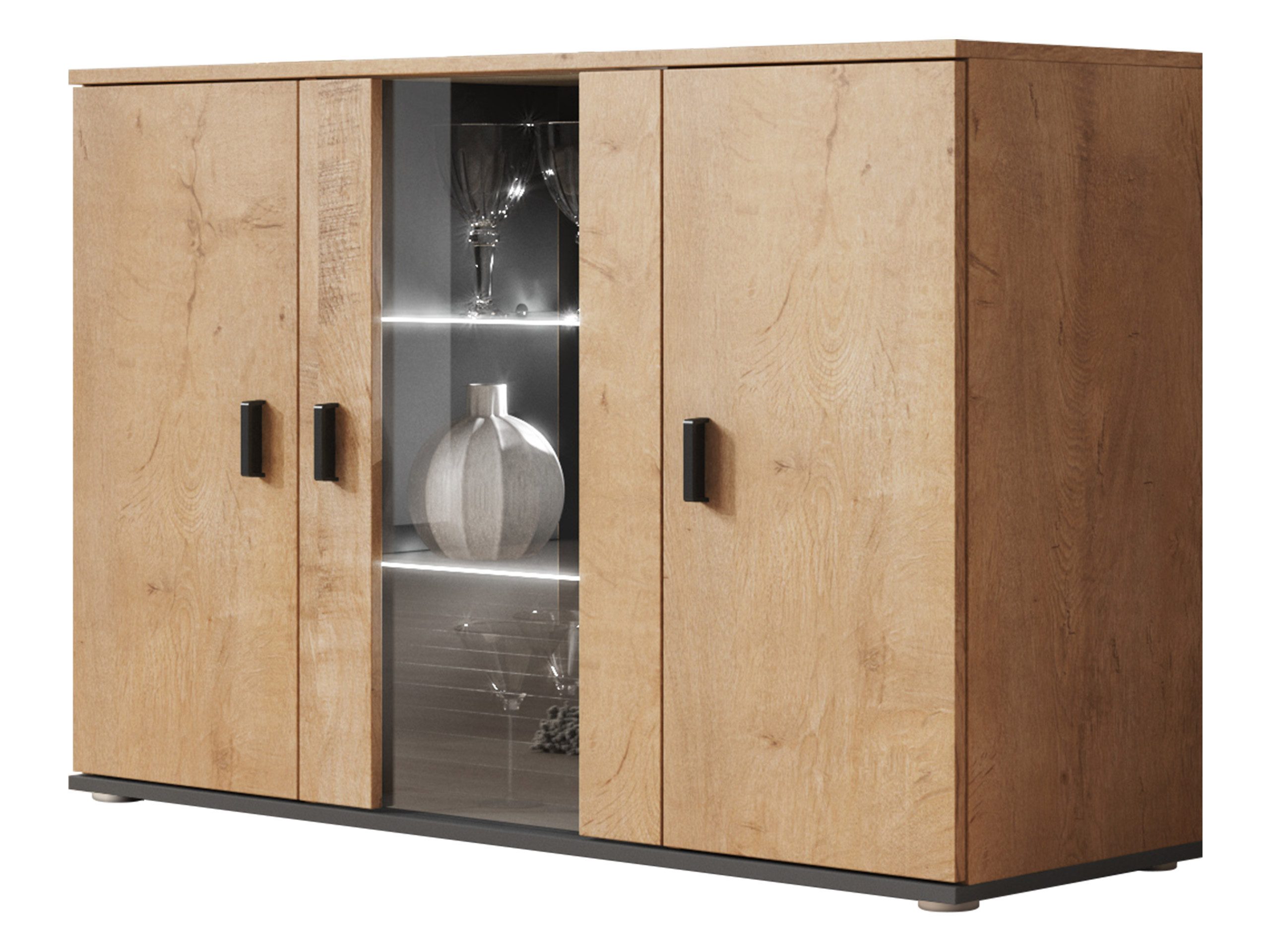 MIRJAN24 Kommode Soho S07 (mit drei Drehtüren), 120x41x80 cm, Beleuchtung als Option