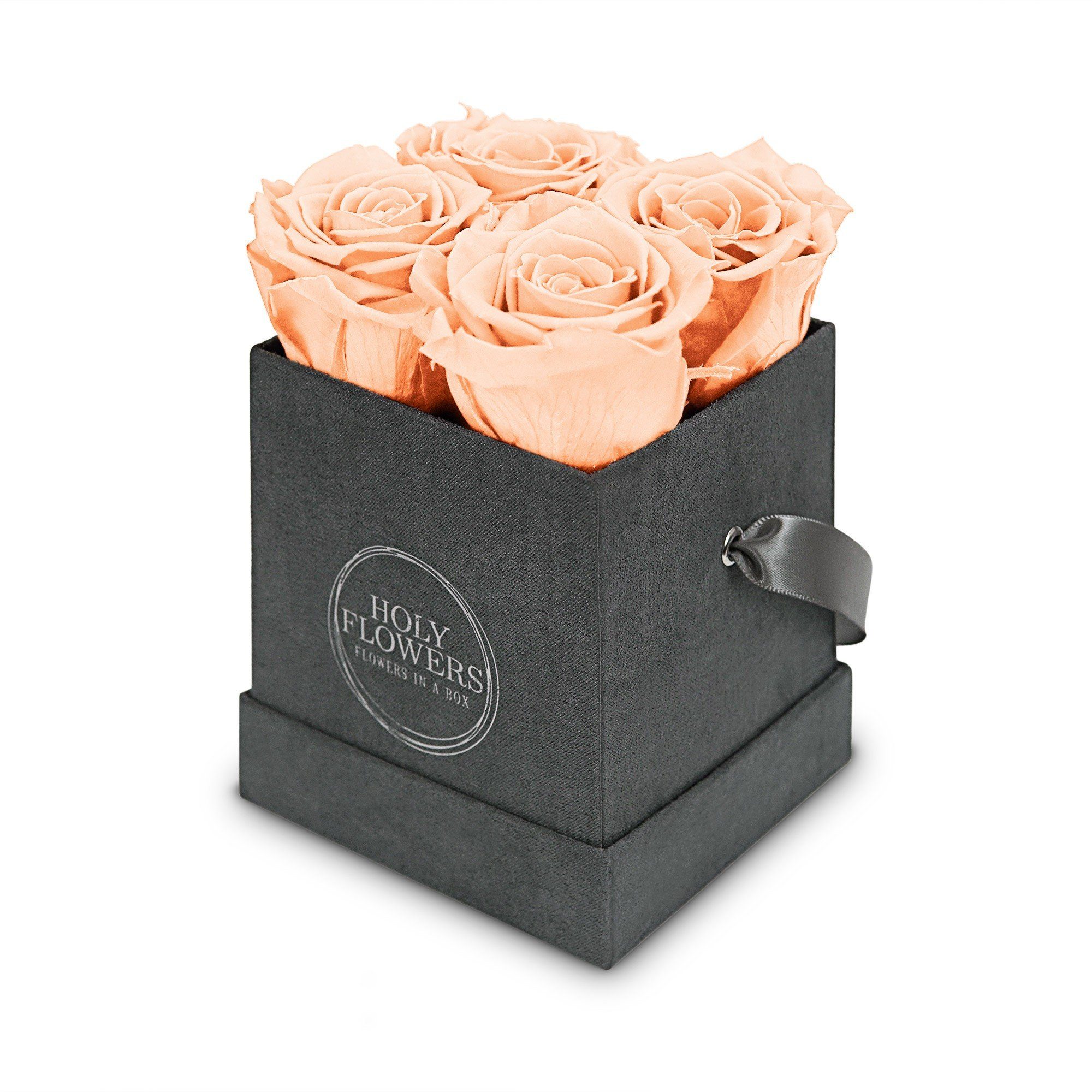 Kunstblume Eckige Rosenbox aus Samt mit 4-5 Infinity Rosen I 3 Jahre haltbar I Echte, duftende konservierte Blumen I by Raul Richter Infinity Rose, Holy Flowers, Höhe 11 cm Peach