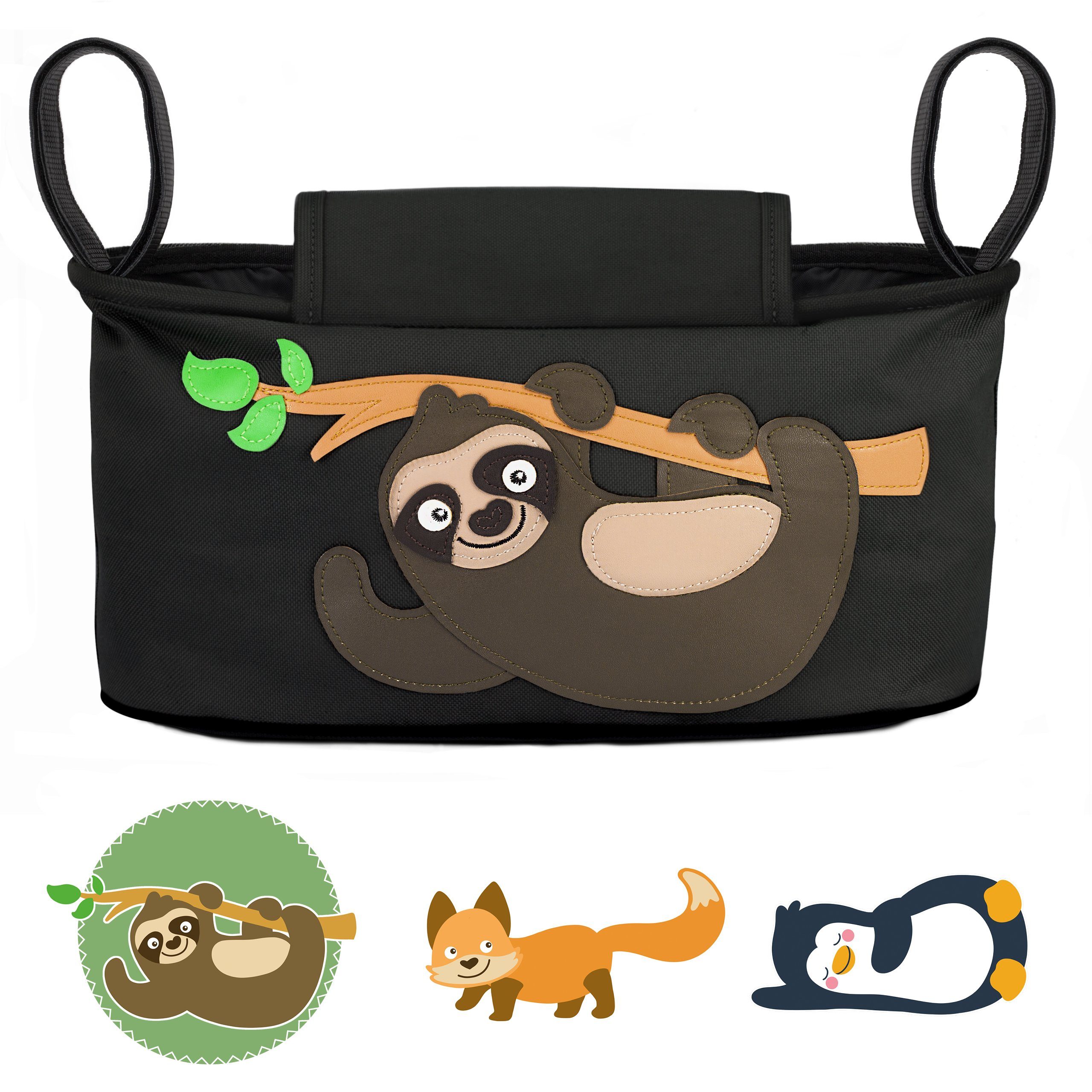 GLÜCKSWOLKE Kinderwagen-Tasche in Grau oder Schwarz I 6 Motive I Kinderwagentasche & Buggy Organizer, Kinderwagen Tasche mit Getränkehalter und Feuchttücherfach