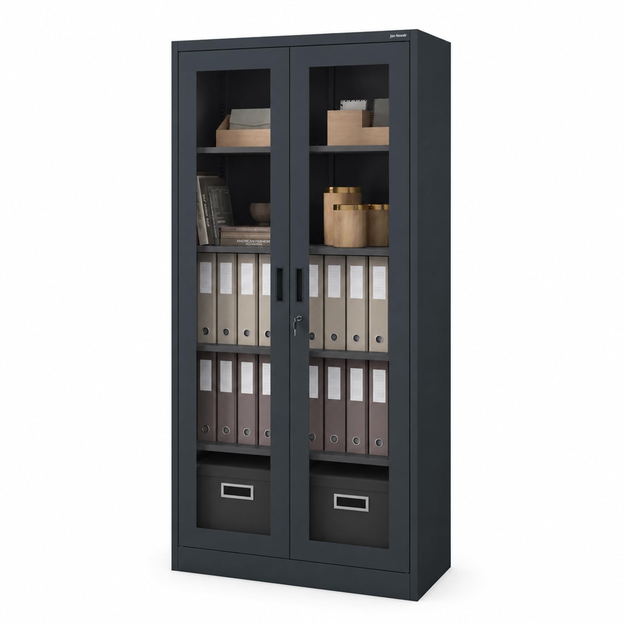 Jan Nowak Vitrine Metall Vitrinenschrank abschließbar 90 cm AMELIA Glasscheiben (Büroschrank Aktenschrank Büro Kanzlei Praxis Sozialraum, Stahl 0,6 mm 185 x 90 x 45 cm Wandmontage 50 Ordner robust) Schloss 2 Schlüssel 4 Böden langlebig 9 Farben