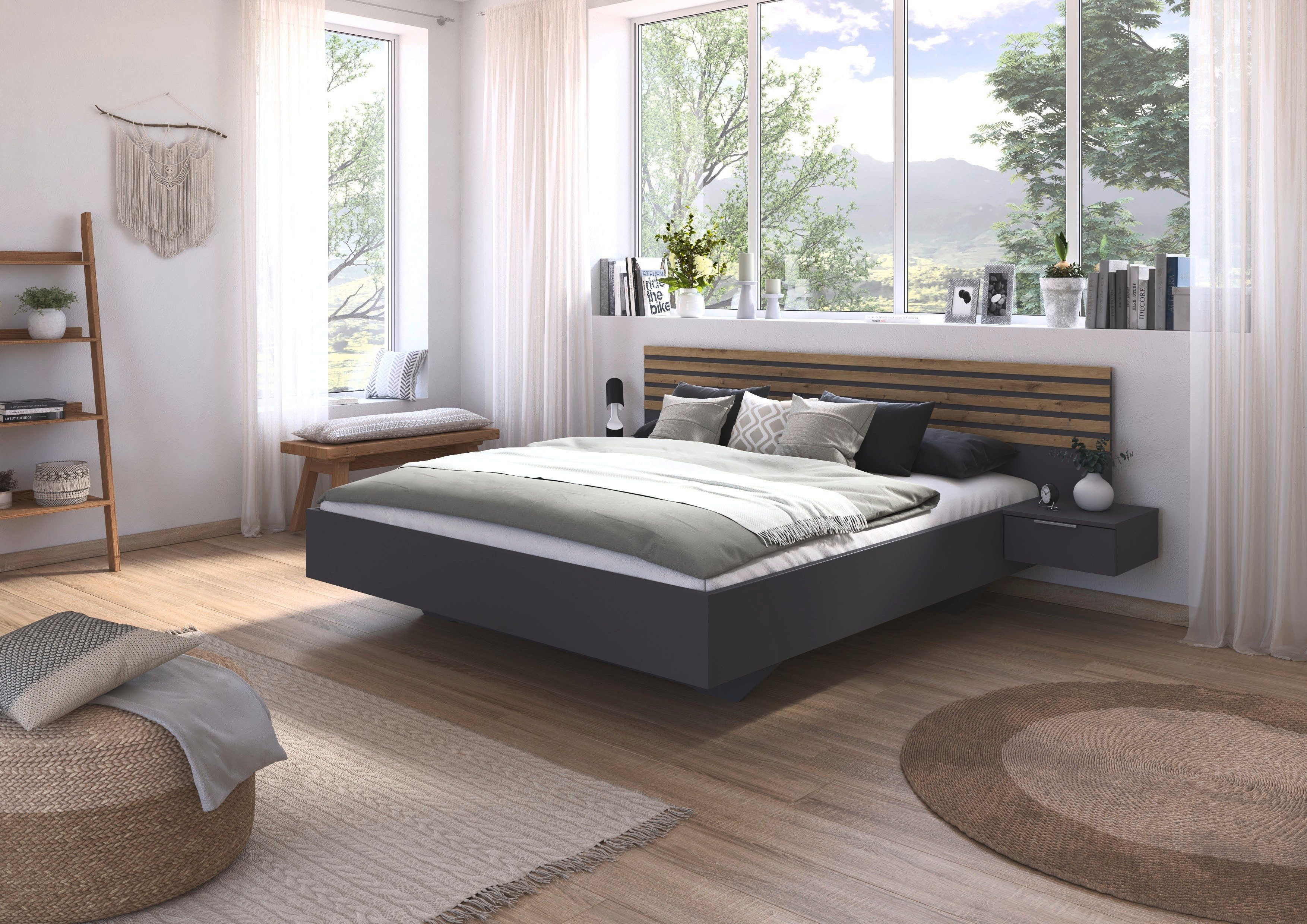 rauch Bettanlage Doppelbett Futonbett LAMELLA in schwebender Optik, (Bett 160x200 oder 180x200 cm), mit eleganter Lamellenabsetzung und 2 Hängenachttische MADE  – Bild 2 von 5