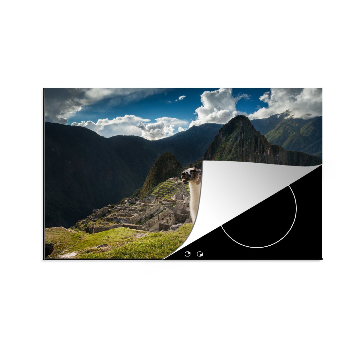 Picchu Alpaka Felsen, - für küche, 81x52 die Vinyl, Machu (1 Induktionskochfeld cm, MuchoWow - Ceranfeldabdeckung Herdblende-/Abdeckplatte tlg), Schutz