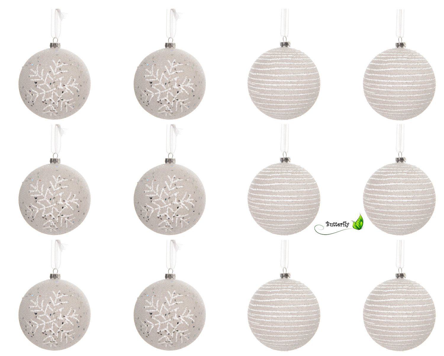 Decoris season decorations Christbaumschmuck, Weihnachtskugeln Kunststoff Schneeflocken Streifen 8cm weiß, 12er Set
