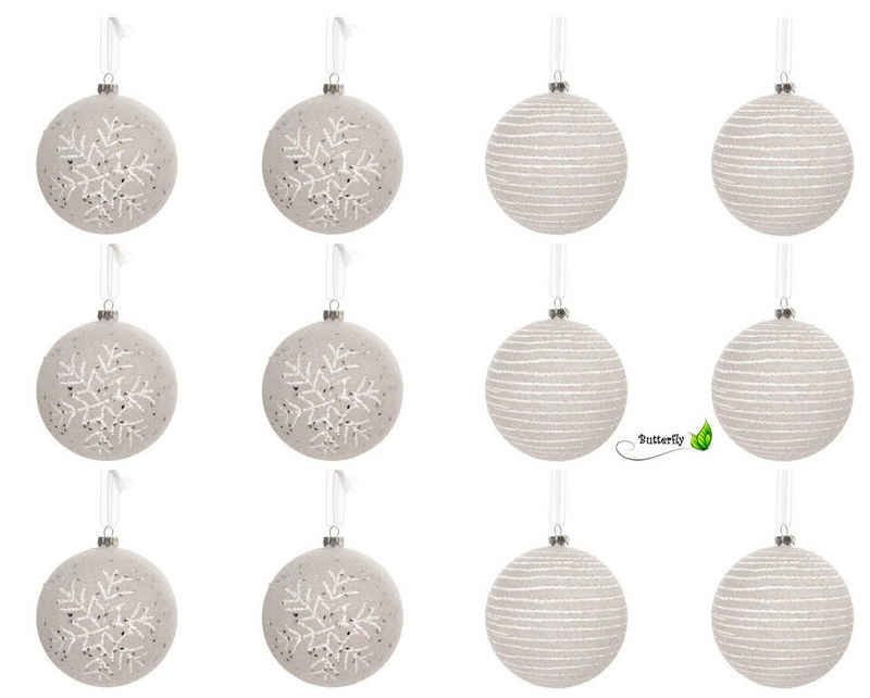 Decoris season decorations Weihnachtsbaumkugel, Weihnachtskugeln Kunststoff Schneeflocken Streifen 8cm weiß, 12er Set