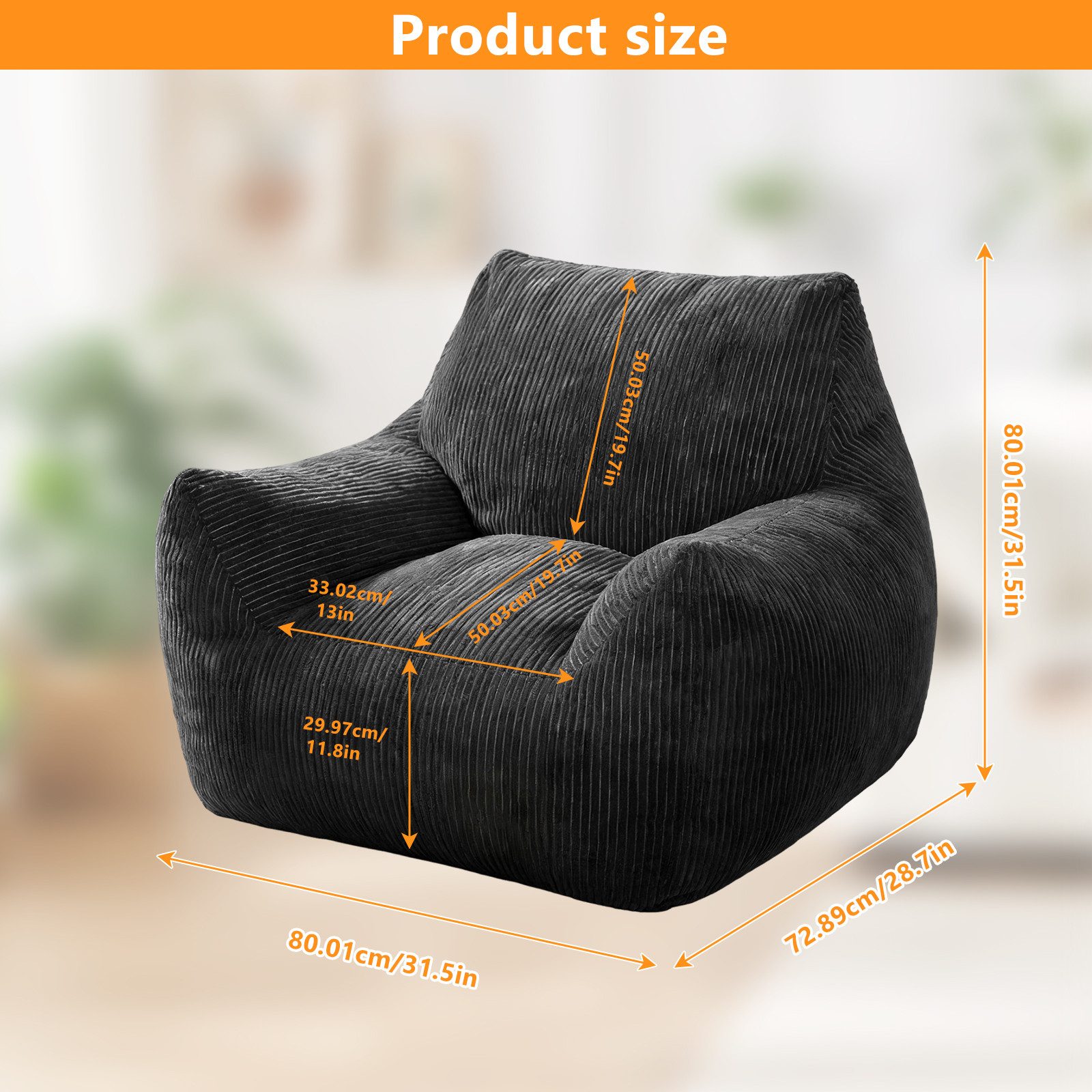 BlingBin Sitzsack Loungesessel Sitzsack Sessel 1-Sitzer aus Cord (1 St., Bean Bag Sessel mit Armlehnen, Schaumstoffflocken-Füllung), weich & formstabil, für Gaming & Wohnzimmer