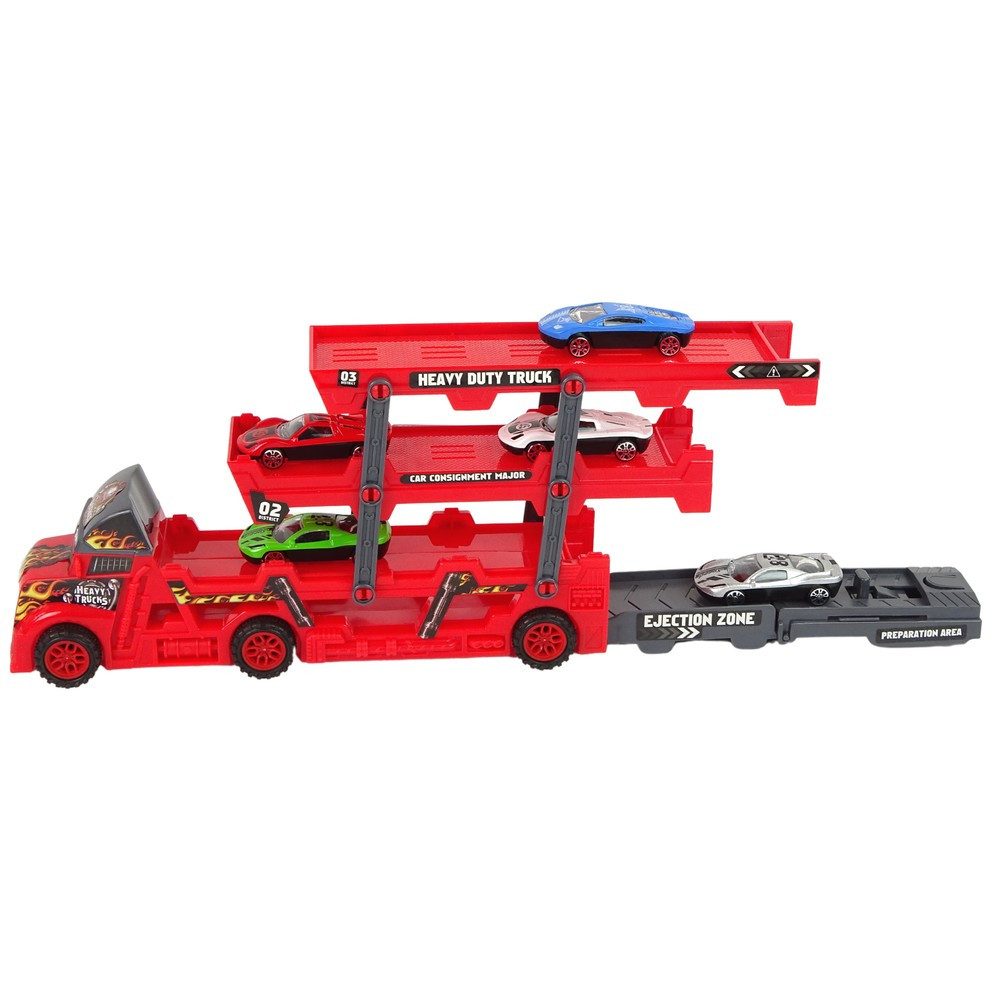 LEAN TOYS Anhänger Autotransporter Spielzeuglastwagen Fahrzeugspielzeug, Spar-Set, 1-tlg., 30 x 12 x 6 cm klappbar, 3 Etagen, Katapult, ausziehbare Rampe, Kunststoff