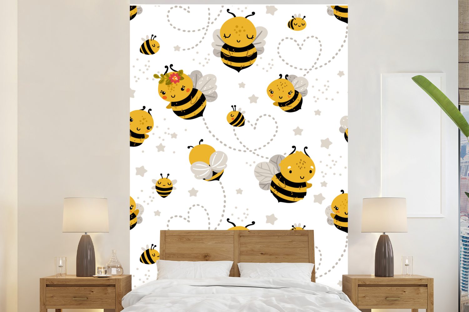 MuchoWow Fototapete Muster - Bienen - Herzen, Matt, bedruckt, (3 St), Montagefertig Vinyl Tapete für Wohnzimmer, Wandtapete