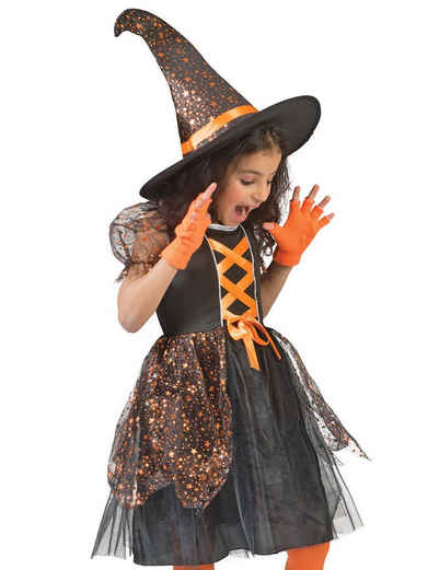 Funny Fashion Hexen-Kostüm Hexen Kostüm "Glenda" für Mädchen - Schwarz Orange, Glitzer Kinderkostüm mit Sternen