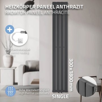 ML-DESIGN Elektrischer Badheizkörper Paneelheizkörper Badheizkörper Designheizkörper Flachheizkörper, Einlagig 1800x300mm Anthrazit Heizstab 1200W Mittelanschluss