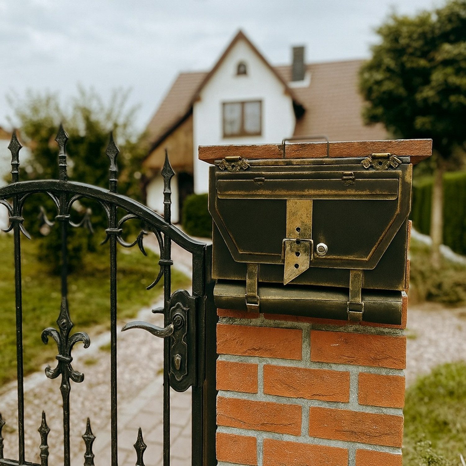 HMF Wandbriefkasten Briefkasten mit Zeitungsfach Antik UNIKAT im Aktentasche Design, Postkasten, 40 x 25 x 8 cm, Gold-Schwarz