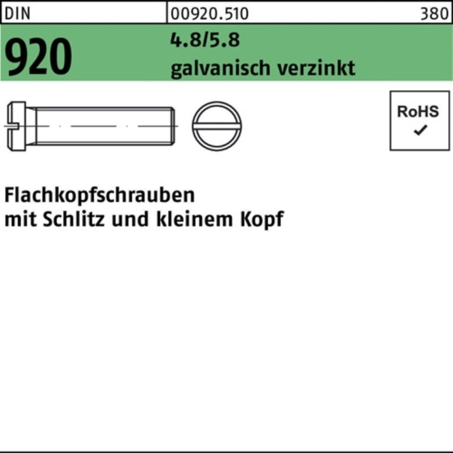 Reyher Schraube 920 100er 10 DIN Schlitz galv.verz. 4.8/5.8 Flachkopfschraube Pack M3x