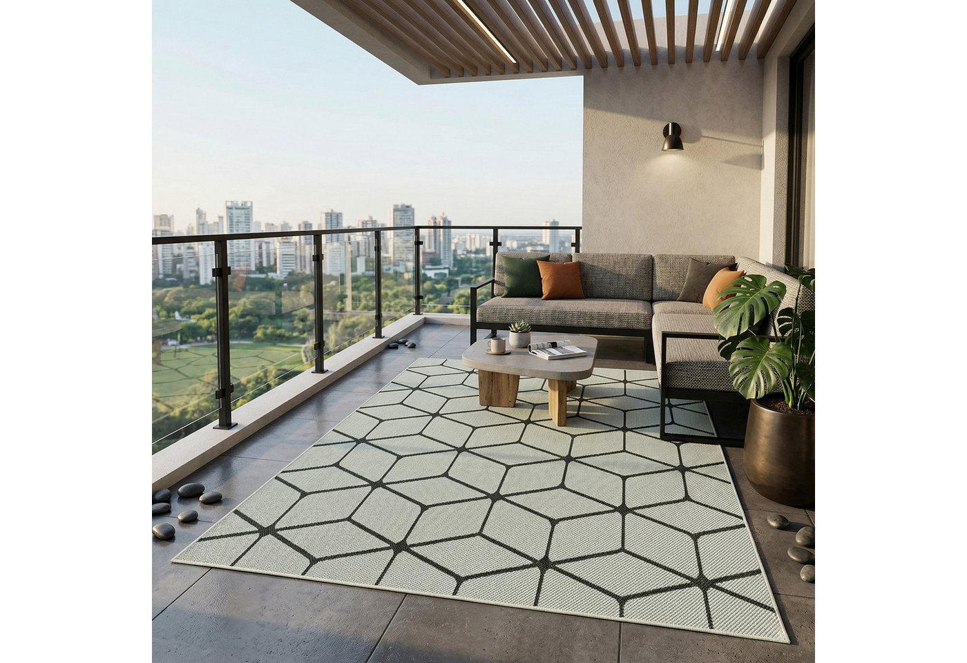 Vimoda Outdoorteppich In- & Outdoor Teppich Bienenstock Optik Raute Muster, für Balkon Küche, Rechteckig, Höhe: 5 mm, Robuster Flachgewebe Läufer Outdoor in Creme & Schwarz
