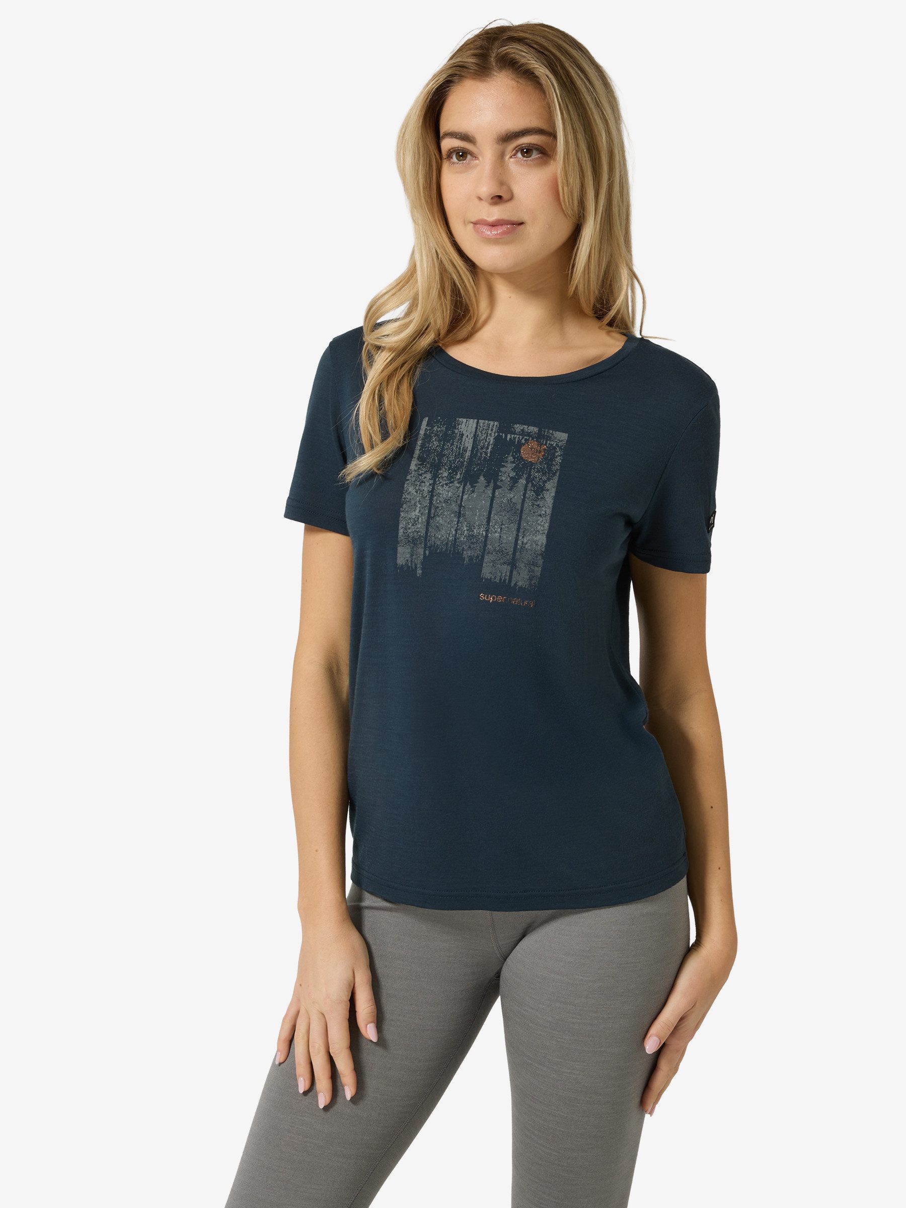 SUPER.NATURAL T-Shirt für Damen, Merino W WONDER WALD TEE mit Natur-Motiv, atmungsaktiv