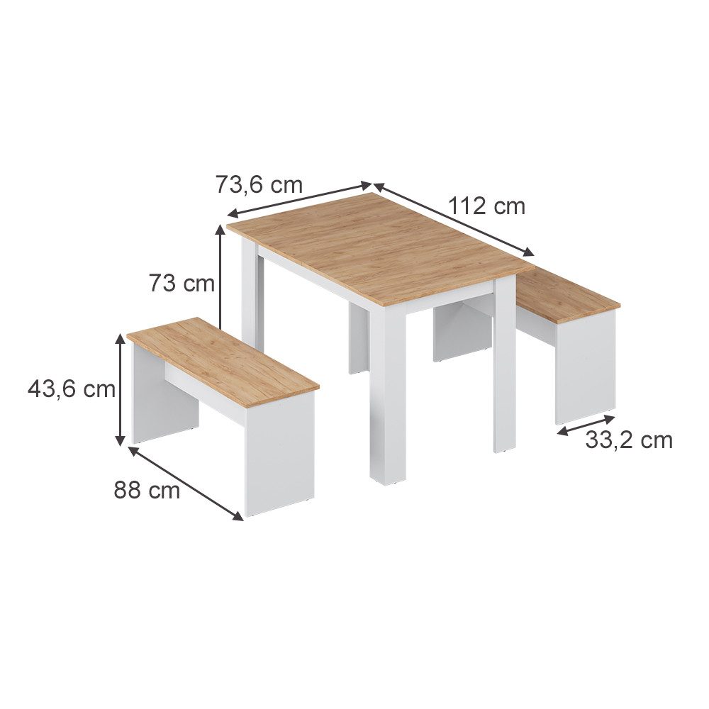Vicco Essgruppe Sentio, Weiß/Goldkraft Eiche, 112 x 73.6 cm mit 2 Bänken günstig online kaufen