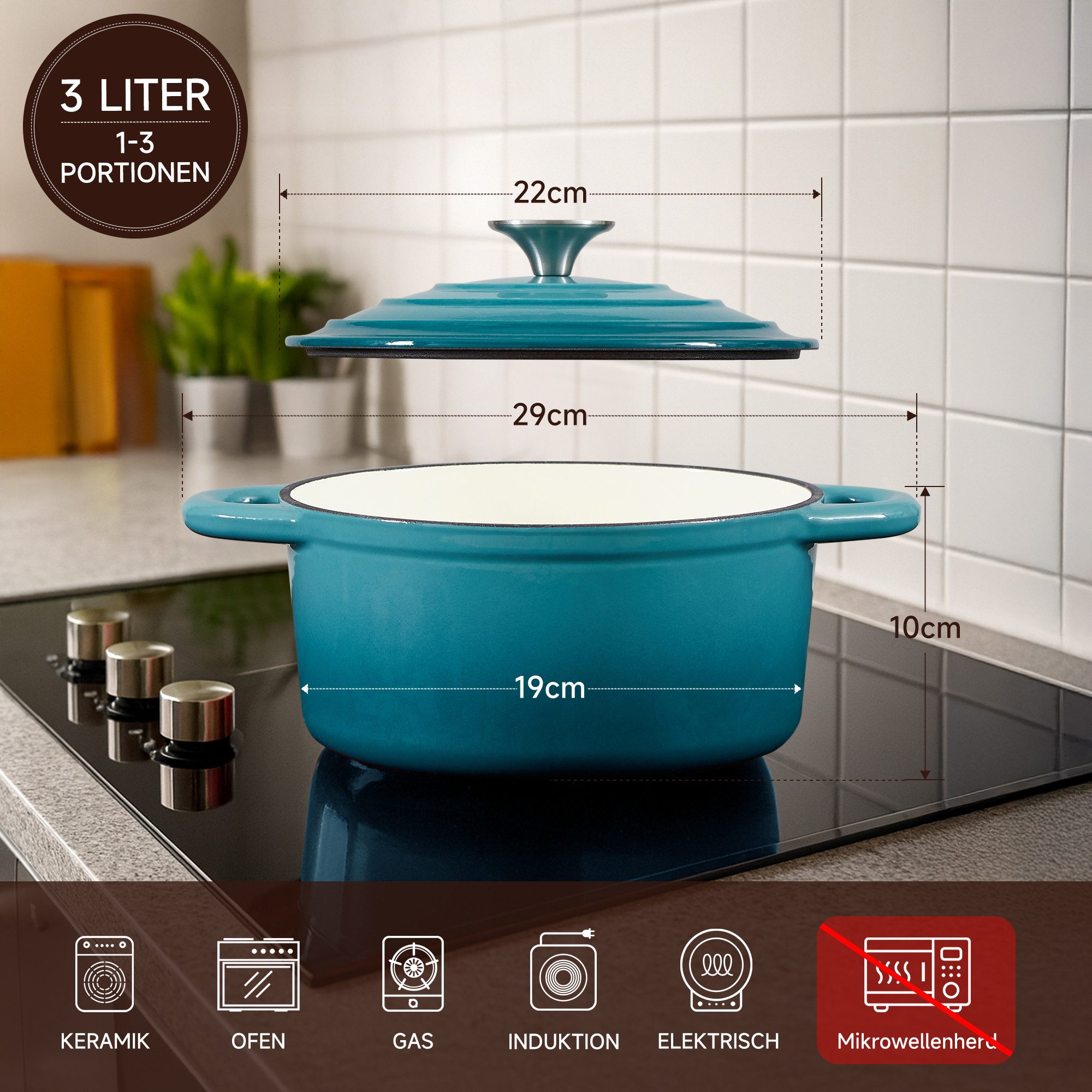 Zedelmaier Bräter Gusseisen Topf 22/24/26cm Incl. Silikon Topflappen Topfuntersetzer, (Set, 1 Pot mit 1 lid, 2 Ofenhandschuhe, 1 Topfuntersetzer), Backofengeeignet Induktionsgeeignet Zum Braten, Schmoren, Kochen