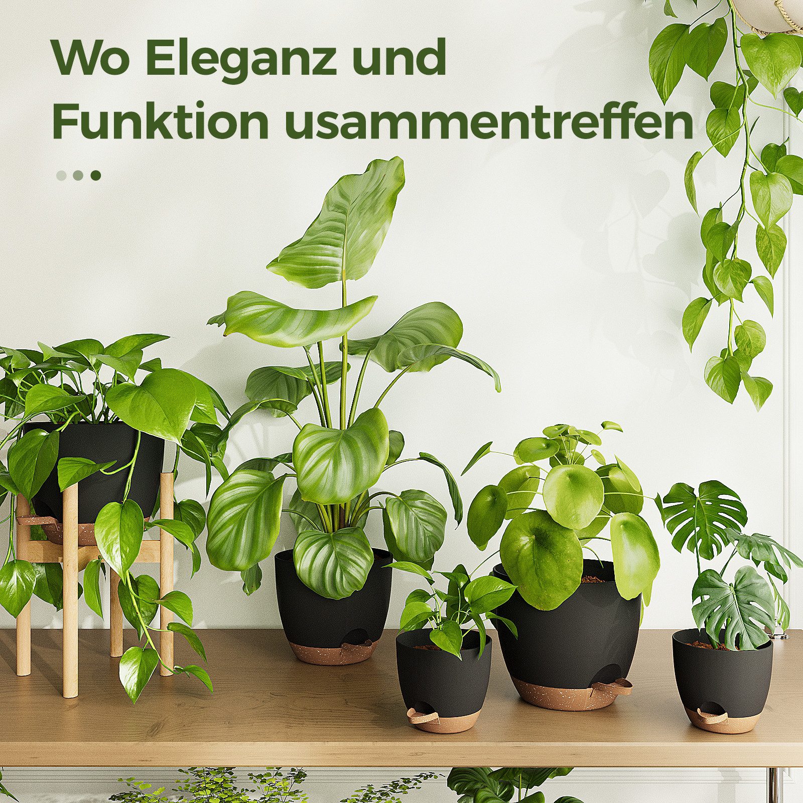 Bamworld Blumentopf 6er-Set Zimmerpflanzen-Topfregal mit Bewässerung, mit Abflussloch (6 St), Kunststoff, Schwarz – Bild 4 von 5