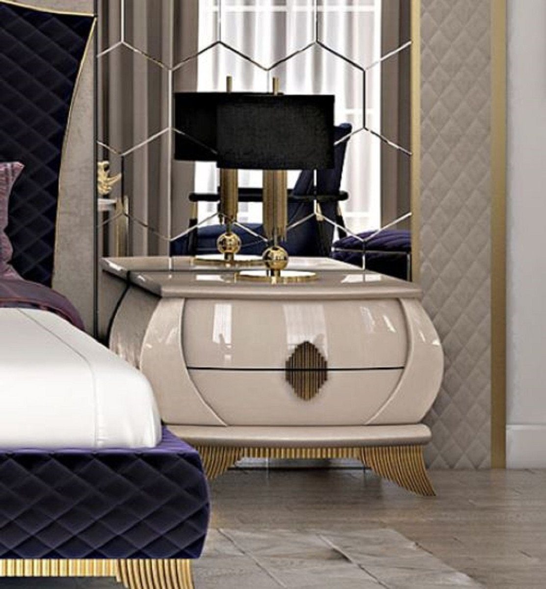 Casa Padrino Beistelltisch Casa Padrino Luxus Art Deco Nachtkommode Creme / Gold 75 x 50 x H. 55 cm - Eleganter Massivholz Nachttisch mit 2 Schubladen - Art Deco Schlafzimmer & Hotel Möbel - Luxus Kollektion