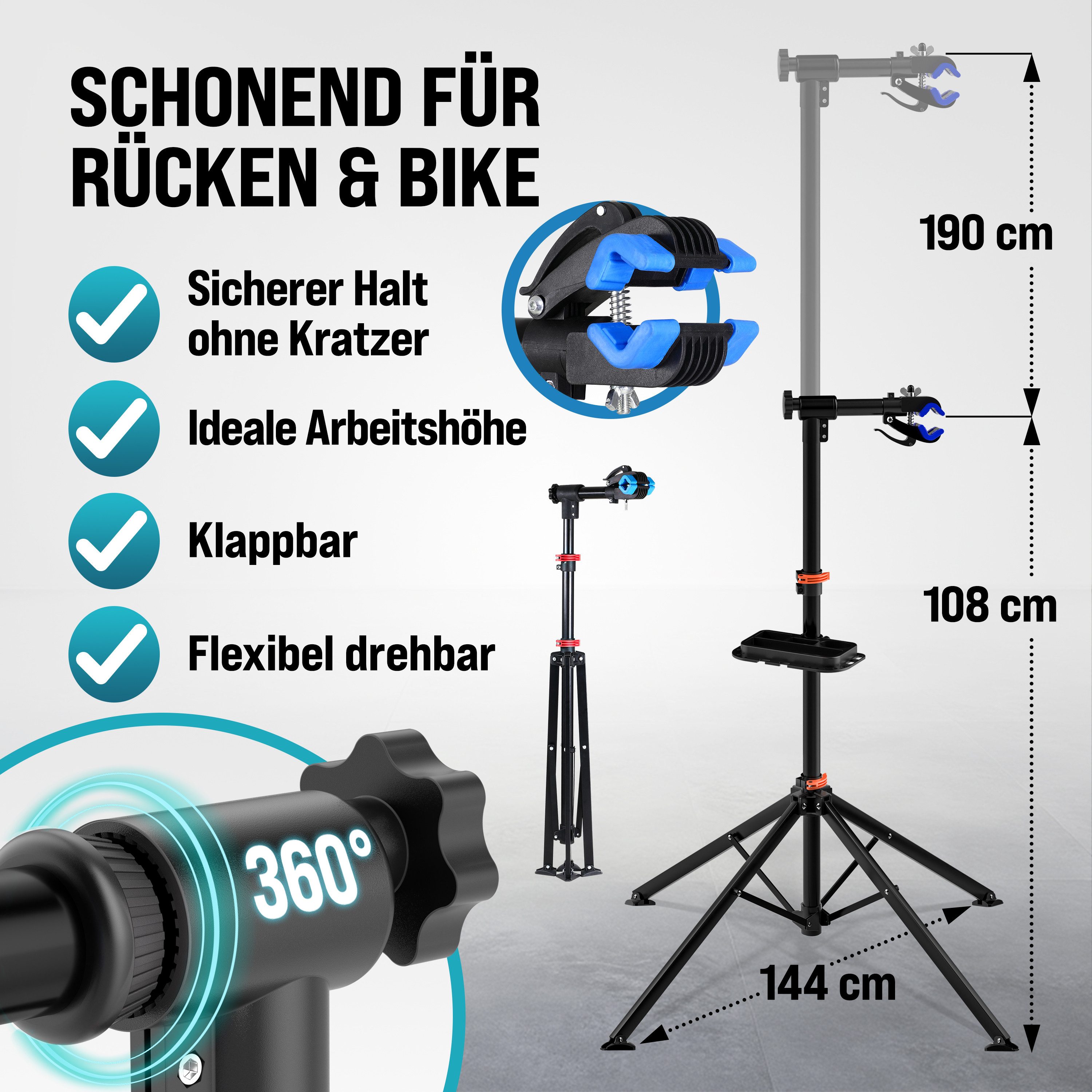 monzana Fahrrad-Montageständer, MZH190 Klappbar 108-190cm Höhenverstellbar 25-60mm Rahmen – Bild 4 von 5
