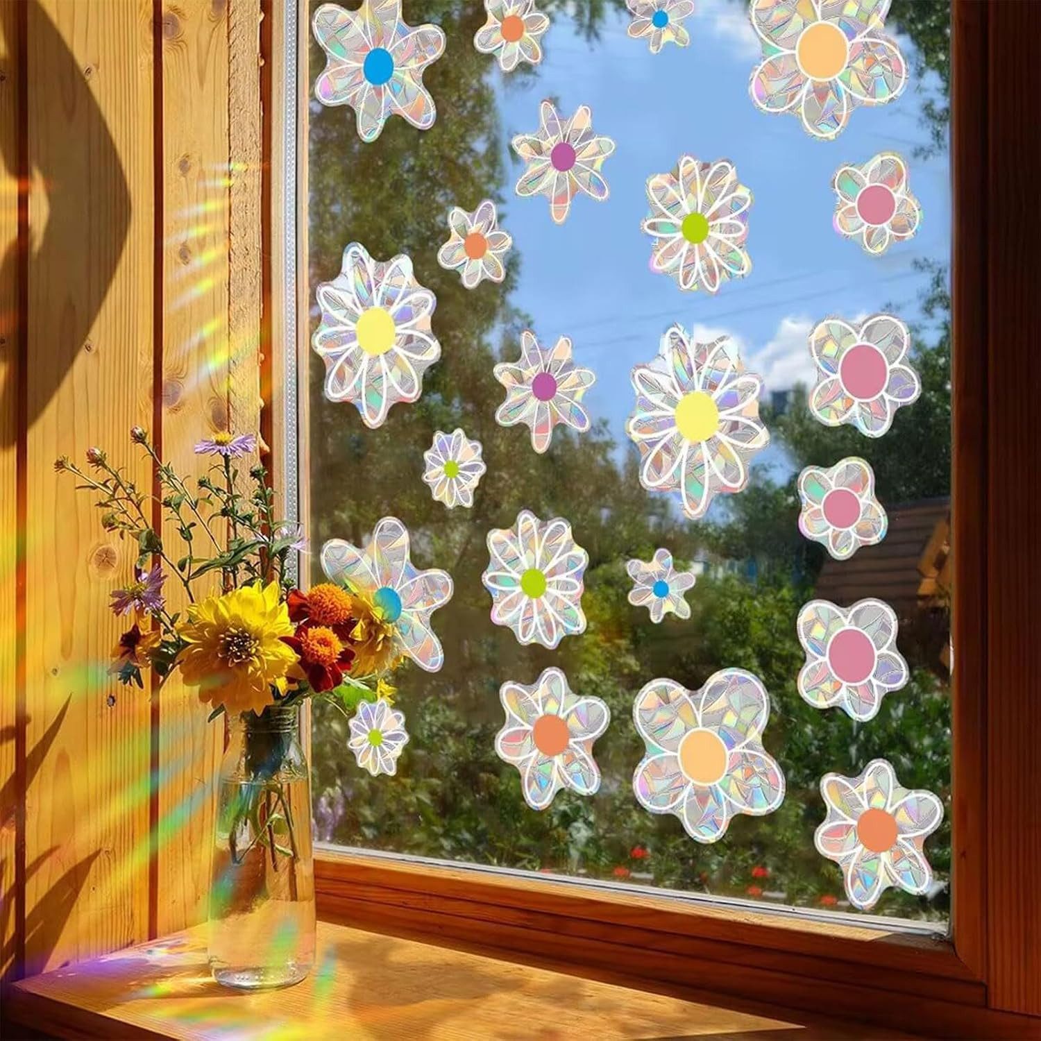FELIXLEO Fensterfolie 66 Bunte Selbstklebende Fensteraufkleber Blumenmuster Prisma
