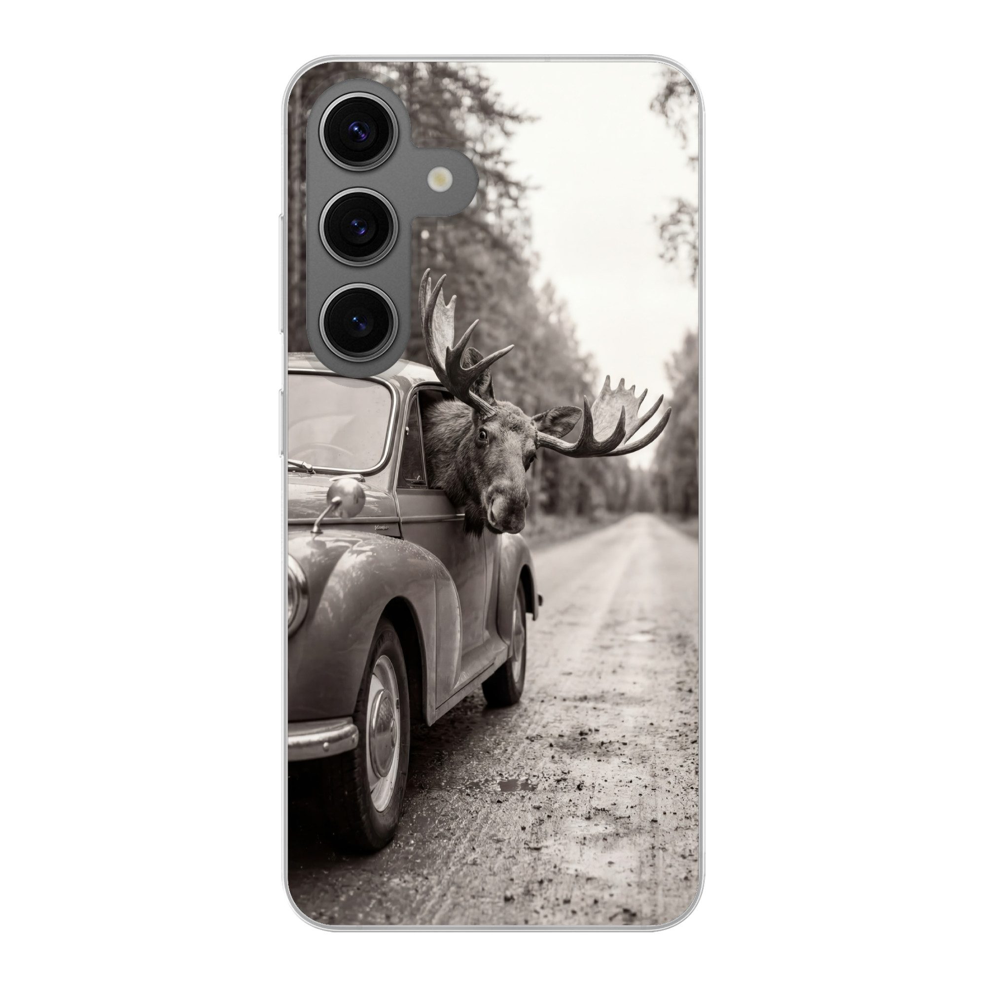 MuchoWow Handyhülle für Samsung Galaxy S24 Elch - Auto - Geweih - Schwarz - Weiß, Phone Case, Silikon, Schutzhülle Dünn
