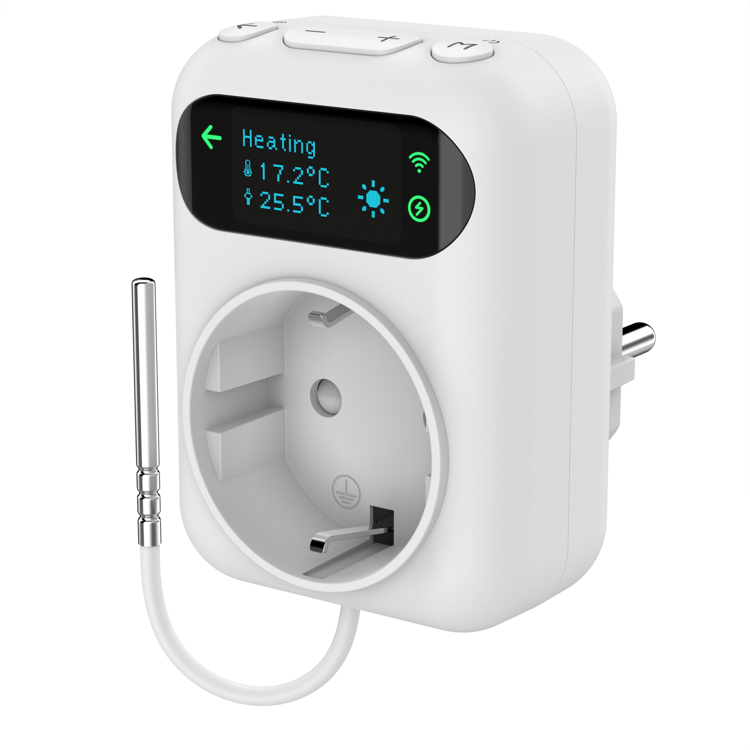 Brandson Steckdosen-Thermostat WLAN mit App, Heizen & Kühlen, OLED-Display, Wochentimer, max. 3680 W, 1-St., 2 Temperatursensoren, 3 m Fühlerkabel, Zyklus-Timer, Kindersicherung