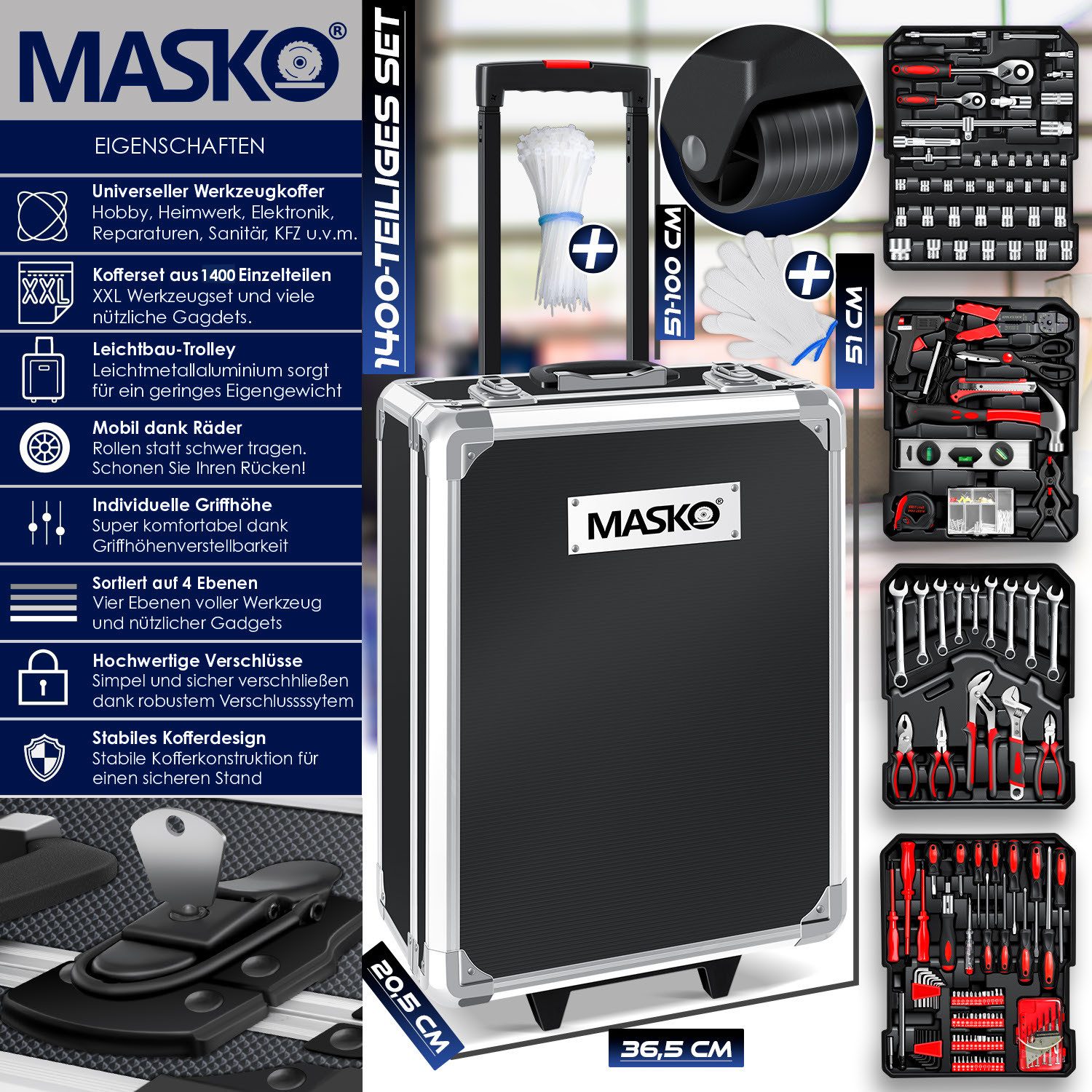 MASKO Werkzeugtrolley Werkzeugkoffer 1400-teilig, Werkzeugkasten aus Aluminium mit Rollen (gefüllte Werkzeugkiste mit Profi-Werkzeugset aus 1.400 Einzelteilen), Werkzeugwagen für Werkstatt, KFZ & Haushalt mit Werkzeugen & Zubehör