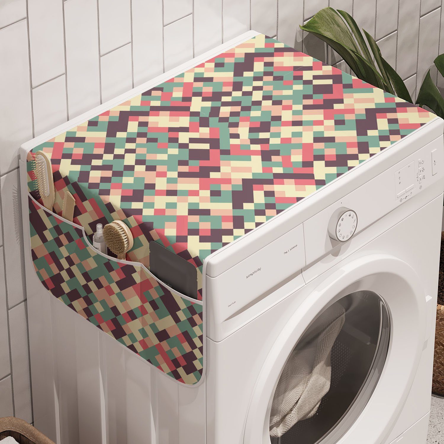 Abakuhaus Badorganizer Anti-Rutsch-Stoffabdeckung für Waschmaschine und Trockner, Geometrisch Mosaik-Quadrate-Design