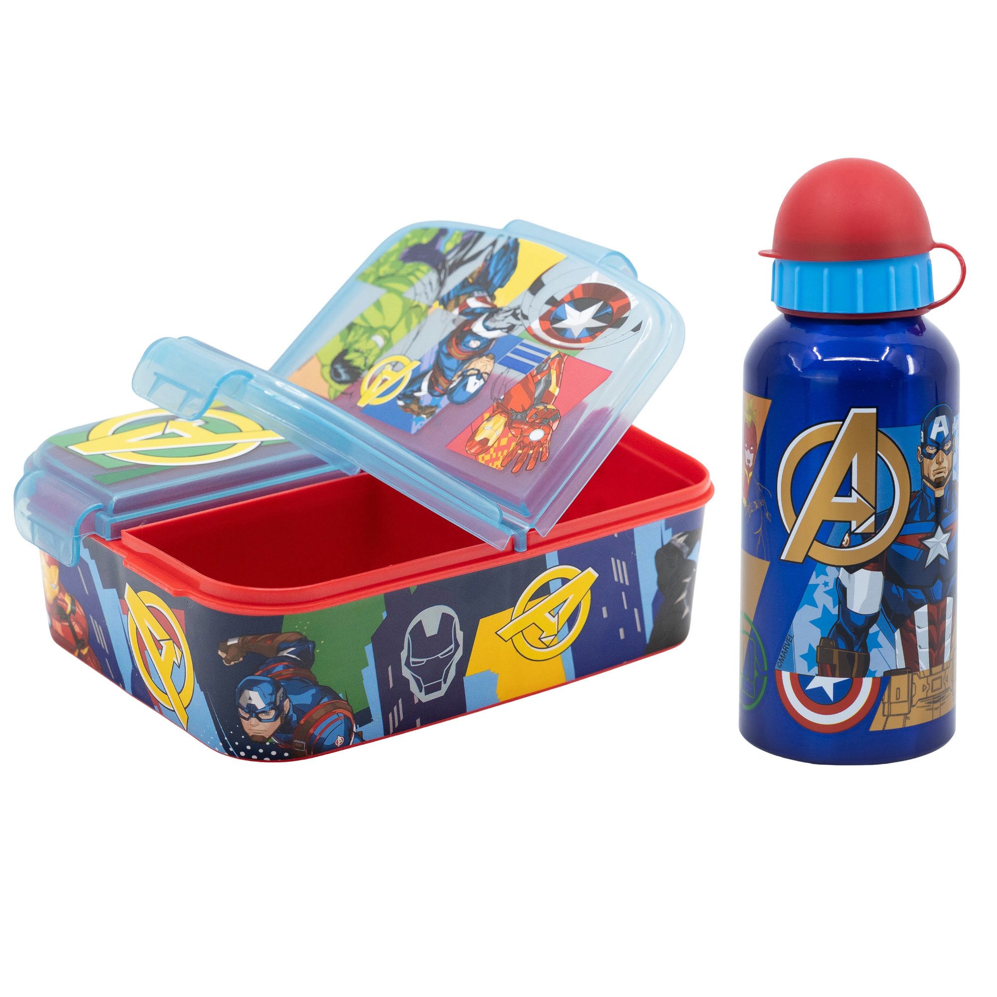 MARVEL Lunchbox Marvel Avengers Kinder Set 2 tlg 3 Kammern Brotdose Alu-Trinkflasche, (Spar-Set, 2-tlg., 1X Brotdose, 1X Trinkflasche)