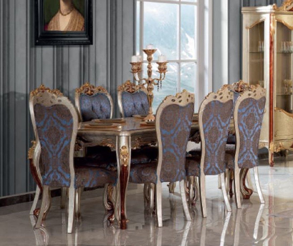 & Silber Prunkvolle Casa 1 - / Set Padrino Esszimmerstühle Esszimmer-Set Barockstil Esstisch - Luxus Esszimmer Blau im Esszimmer Barock 8 Möbel