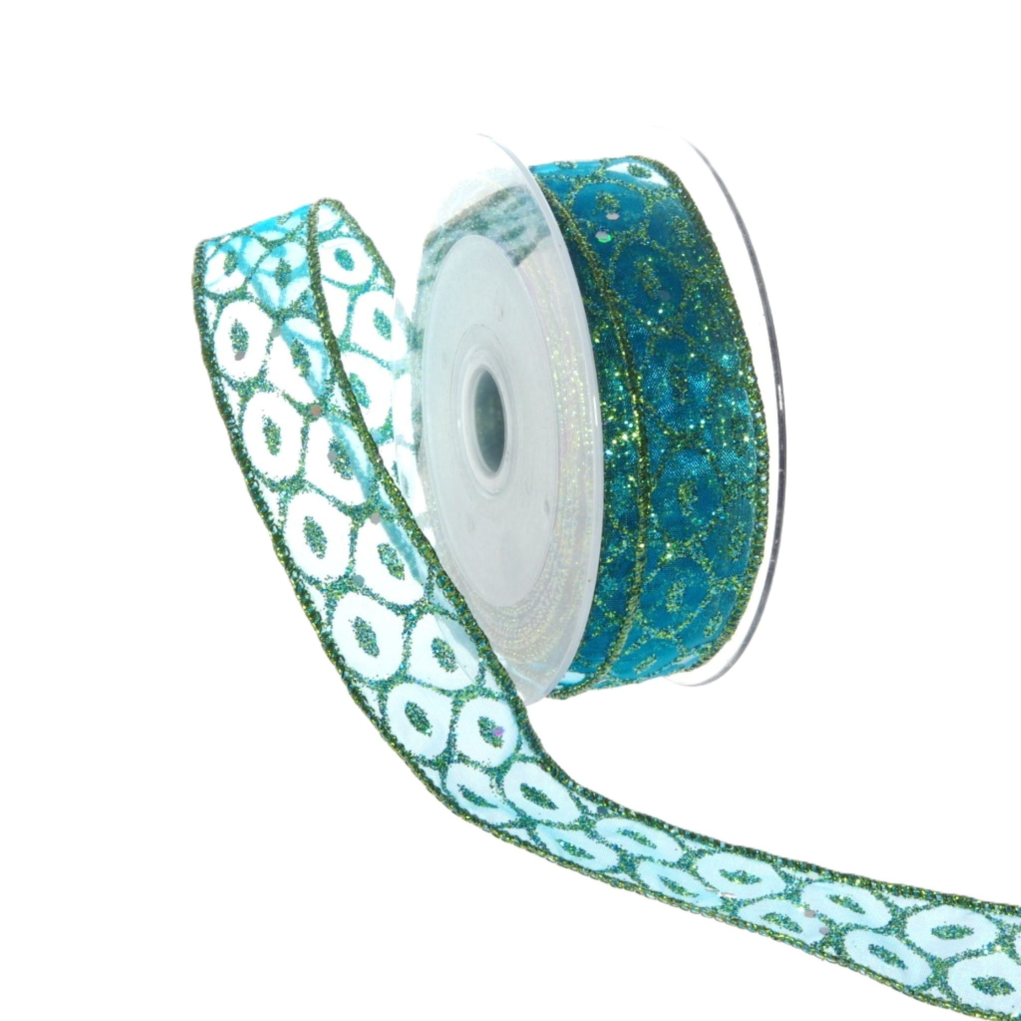 Deko AS Geschenkband Organzaband mit Glitzerwabe - türkis-grün - 25 mm- 10 m -, mit Drahtkante