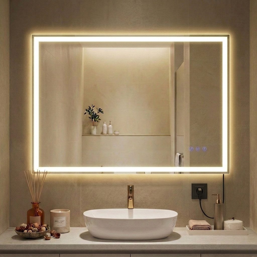 SONGMICS Standspiegel Rechteckig Badspiegel, Anti-Beschlag, LED-Licht, dimmbar, 3Modi, Rechteckiger Badspiegel-70,7 x 50,7 cm (L x B)