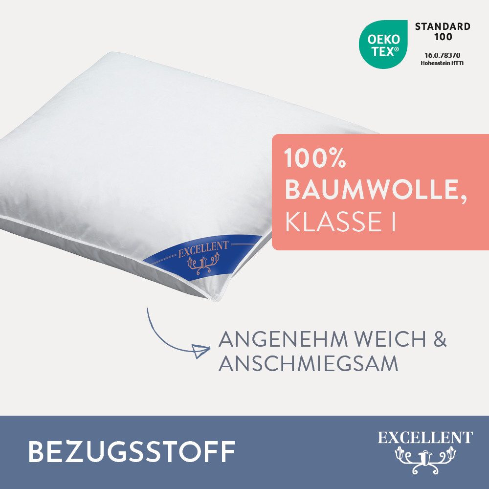 Excellent 3-Kammer-Kopfkissen Venedig, 1-tlg. oder 2 tlg. Hergestellt in Deutschland!, Füllung: weiße neue Daunen und Federn, Klasse I, 60% Daunen / 40% Federn (Außen), weiße neue Federn, Klasse I, 100% Federn (Innen), Bezug: feiner Daunen-Batist, 100% Baumwolle, Bauchschläfer, Rückenschläfer, Seitenschläfer, Spar-Set, 2-Tlg., Kopfkissen 40x80 & 80x80 cm, weich
