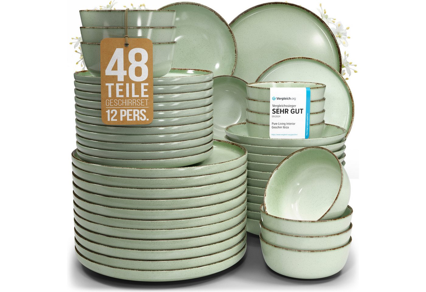 PURE LIVING INTERIOR DESIGN Geschirr-Set Rustic aus Steingut, 48-tlg., für 12 Personen, Mintgrün (48-tlg), 12 Personen, Steingut