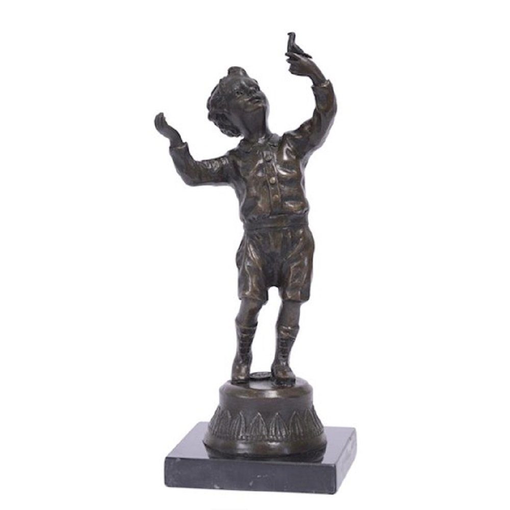 Bronzefigur, Bronze Bronze mit Skulptur, Knabe Milo Linoows Edle mit Vogel, Vogel Knabe Dekoobjekt signiert
