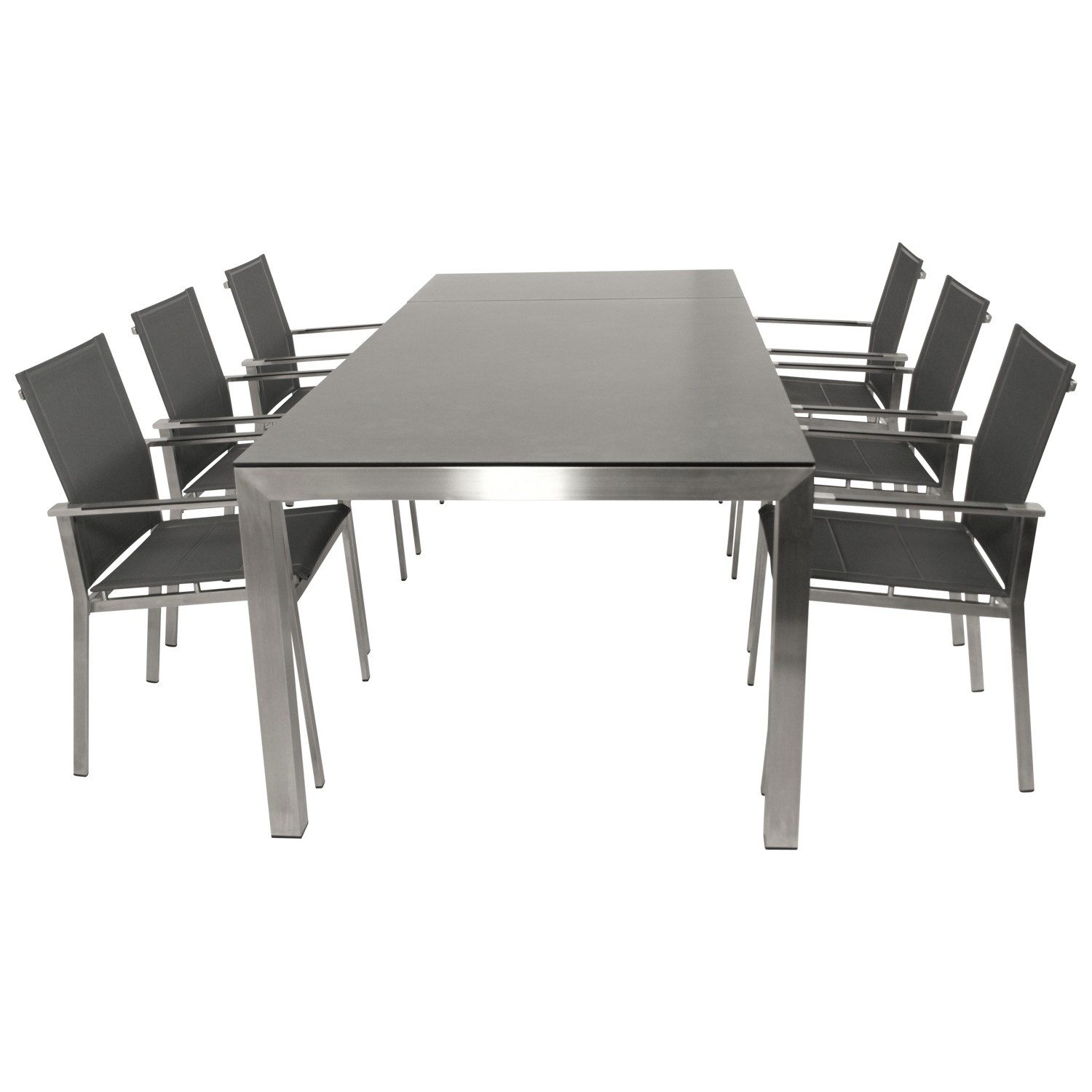 DEGAMO Garten-Essgruppe SYDNEY Edelstahl, (7-tlg., 6x Stapelsessel, 1x Ausziehtisch 180/240x100cm), Oberfläche gebürstet, Tischplatte Keramikoptik ausziehbar, wetterfest