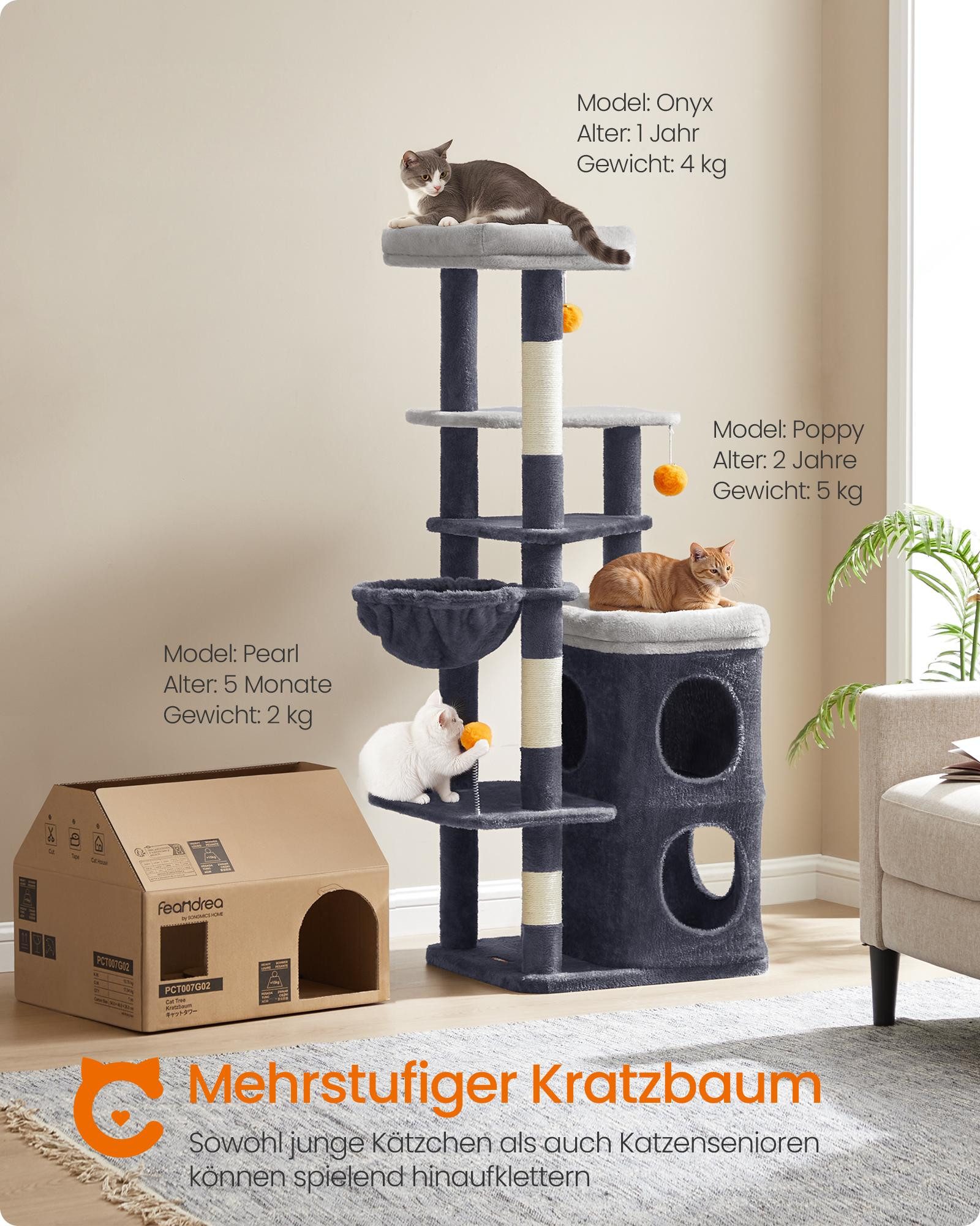FEANDREA Kratzbaum Katzenkratzbaum 150 cm, mehrstöckiger Katzenbaum, mit 2 großen Höhlen, 1 Liegemulde, 3 Kratzstämmen, 3 Plattformen