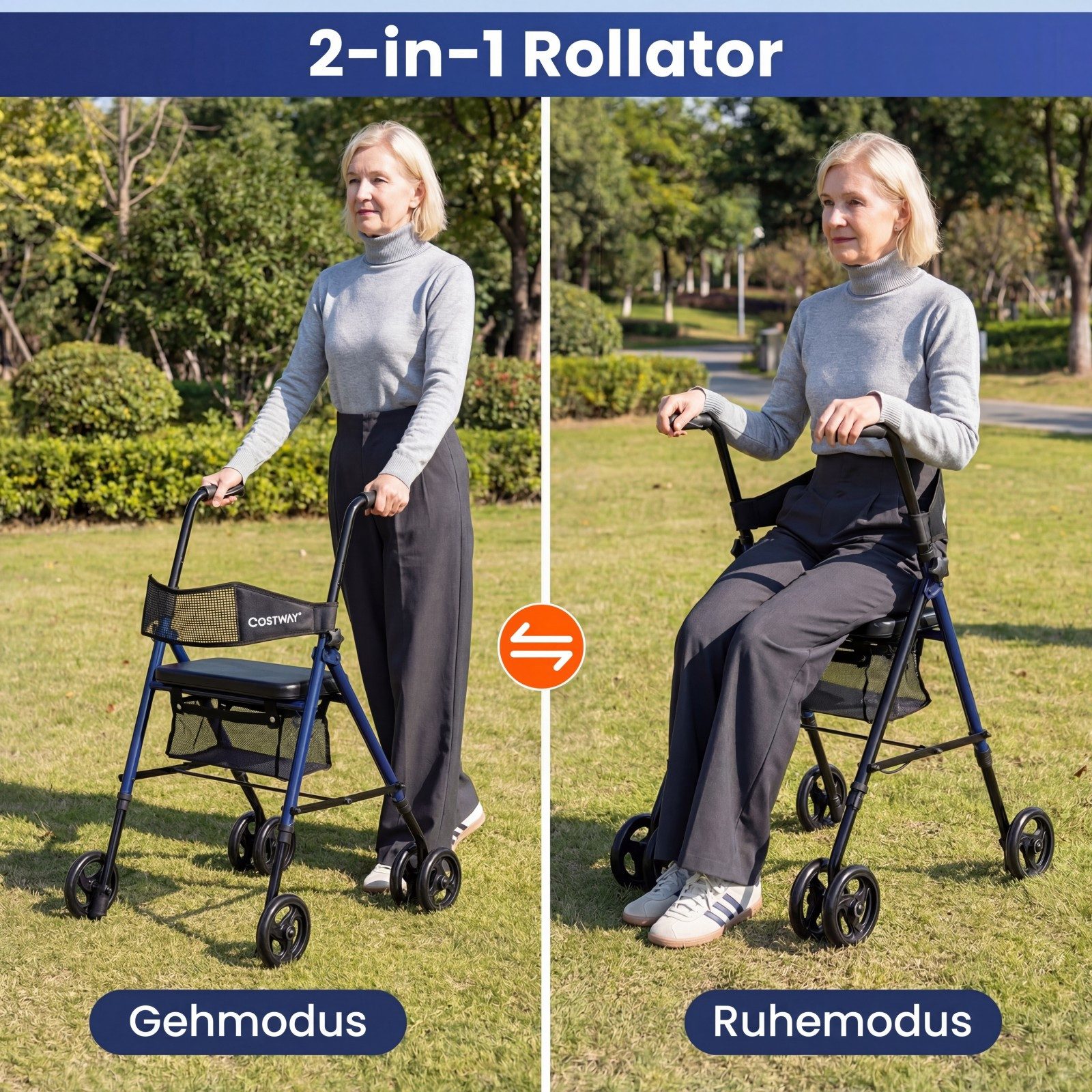 COSTWAY Rollator, Faltbar & Leicht mit Sitz, Tasche & Rückenlehne aus Netz