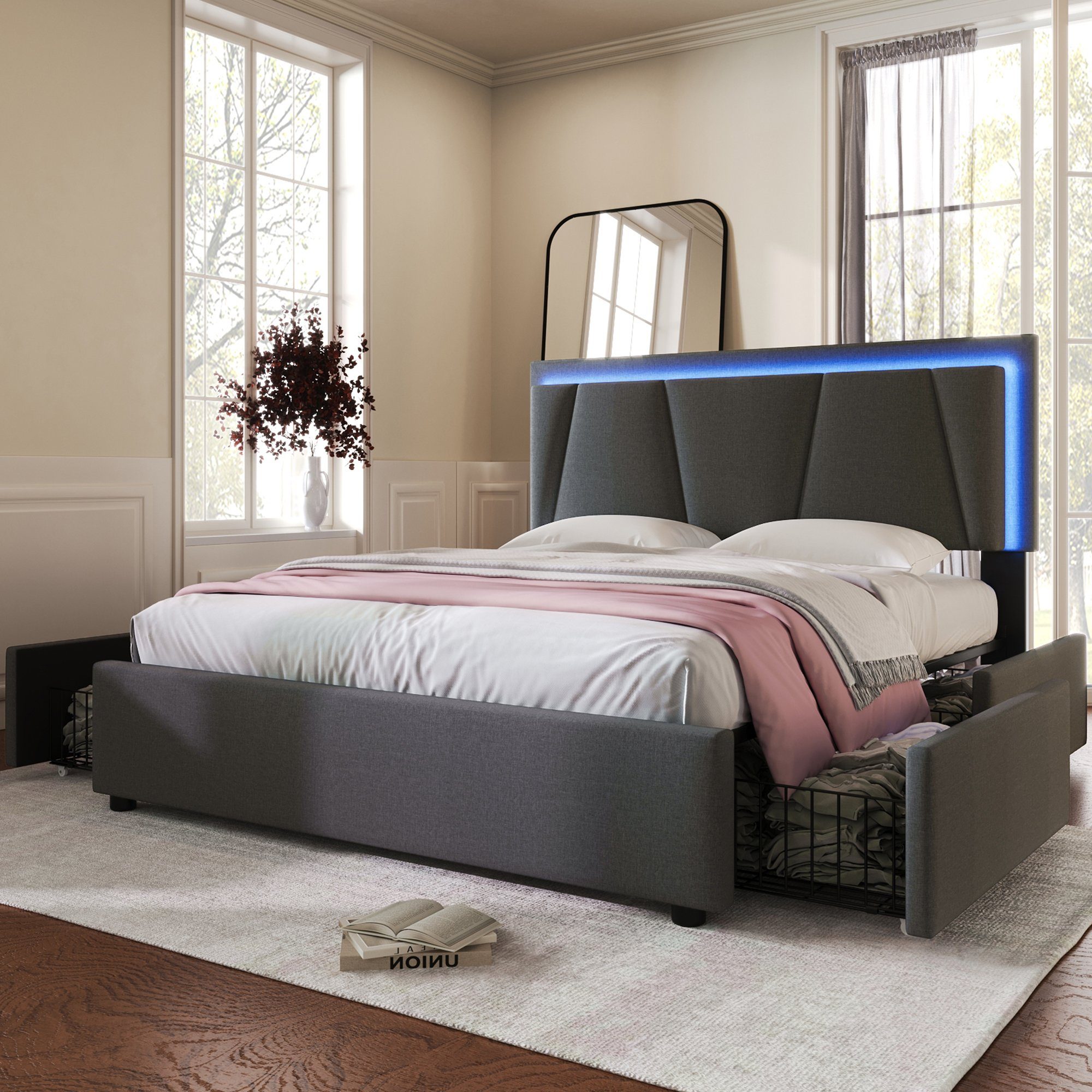 Flieks Polsterbett, LED-Beleuchtung Doppelbett 160x200cm mit 4 Schubladen günstig online kaufen