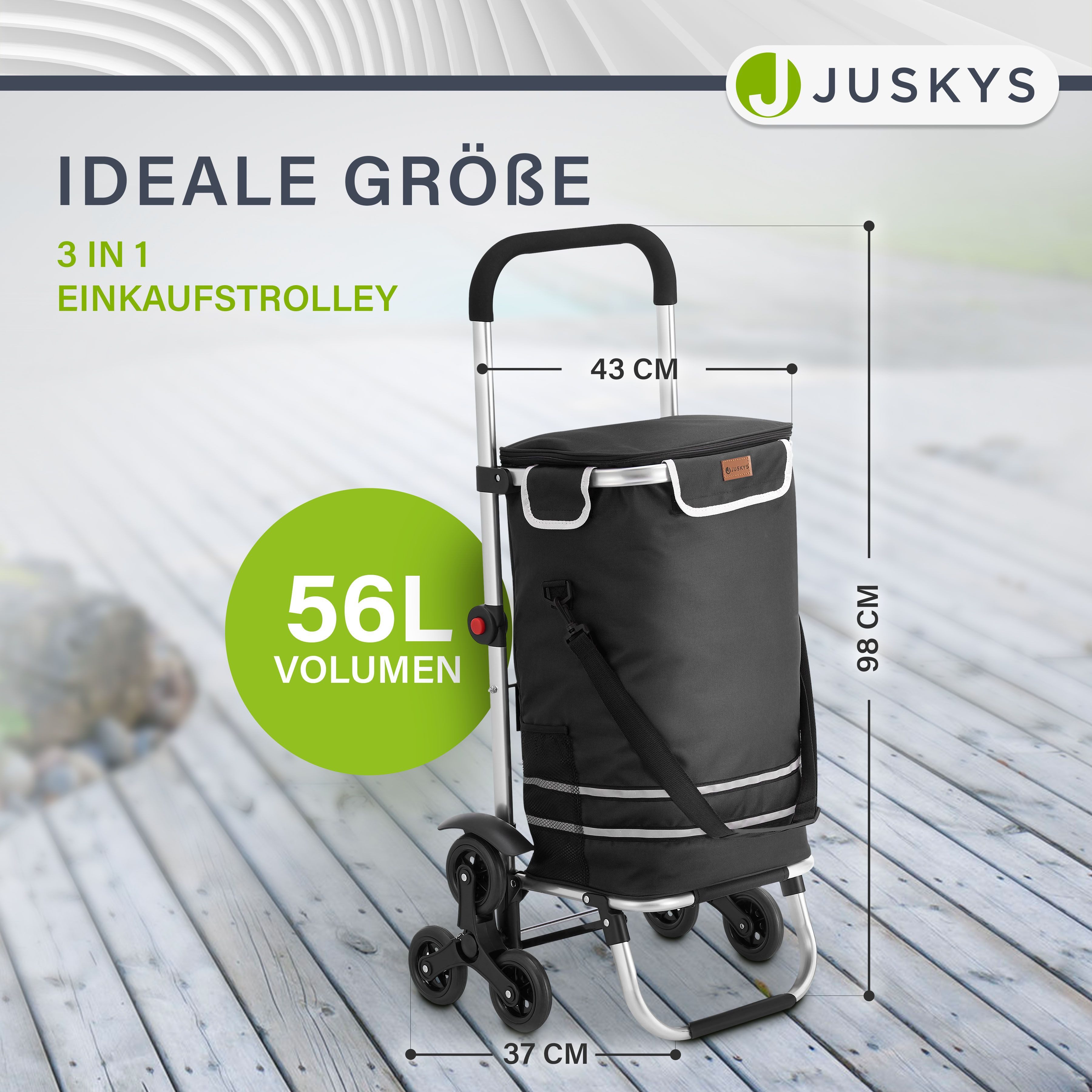 Juskys Einkaufstrolley 3in1, 56 l, mit Treppensteiger (6 Rollen), klappbar und modern, mit Kühlfach