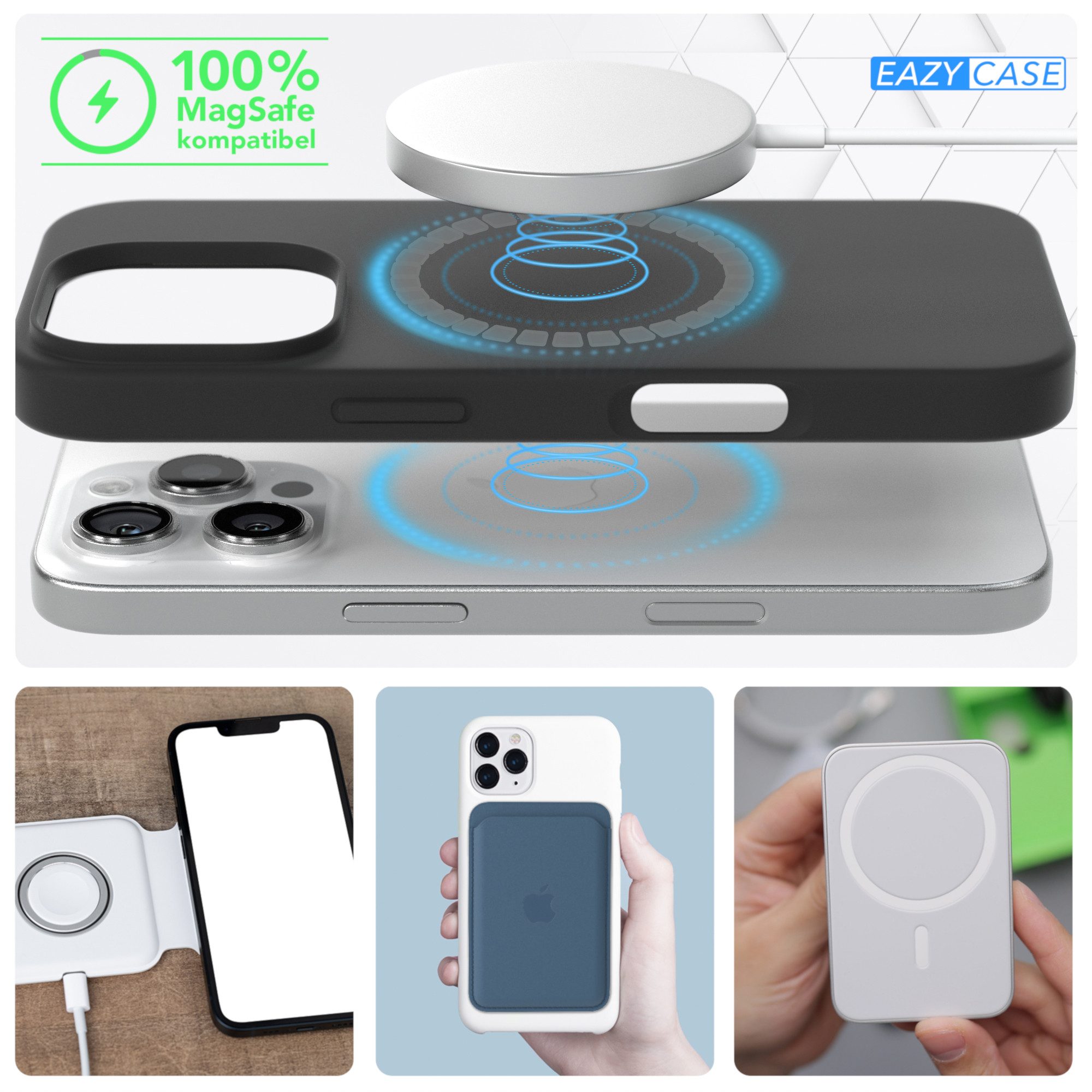 EAZY CASE Handyhülle Silikonhülle mit MagSafe für Apple iPhone 16 Pro 6,3 Zoll, Cover kompatibel mit Qi Magsafe Bumper Silicon Case kratzfest Schwarz