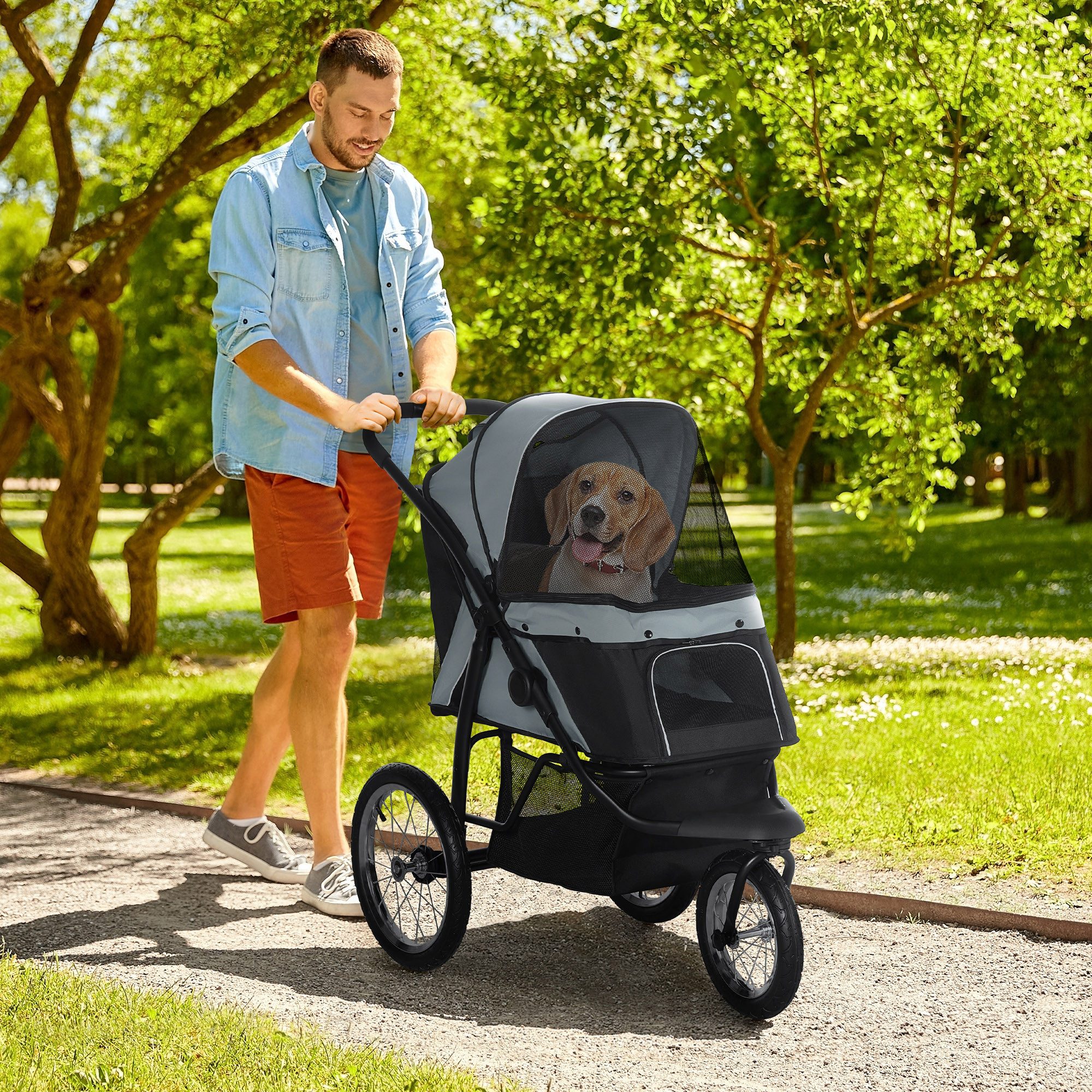 MC Star Hundebuggy Hundewagen mit Reflektoren, Faltbar, Aufbewahrungskorb, (Sonnenschutz & Netzfenster, Oxford grau)